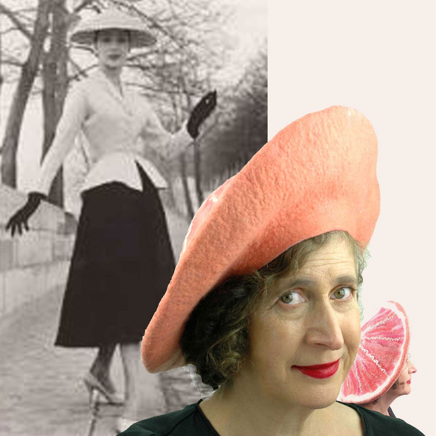 New Look Dior Photo collaged with pink grapefruit inspired felted hat.