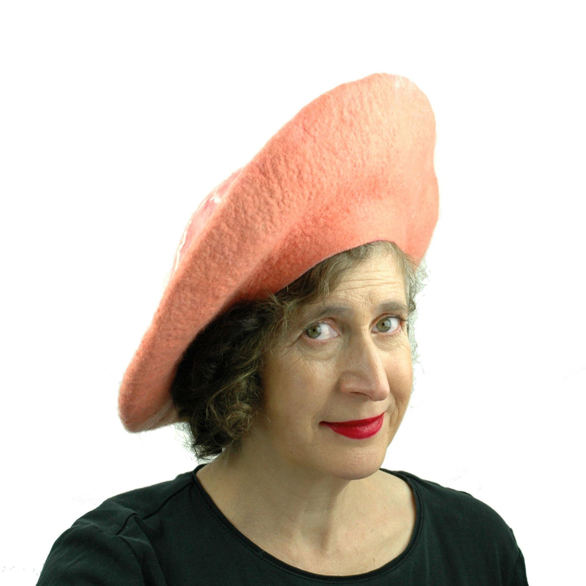 Dramatic Felted Pink Grapefruit Hat - three quarters view