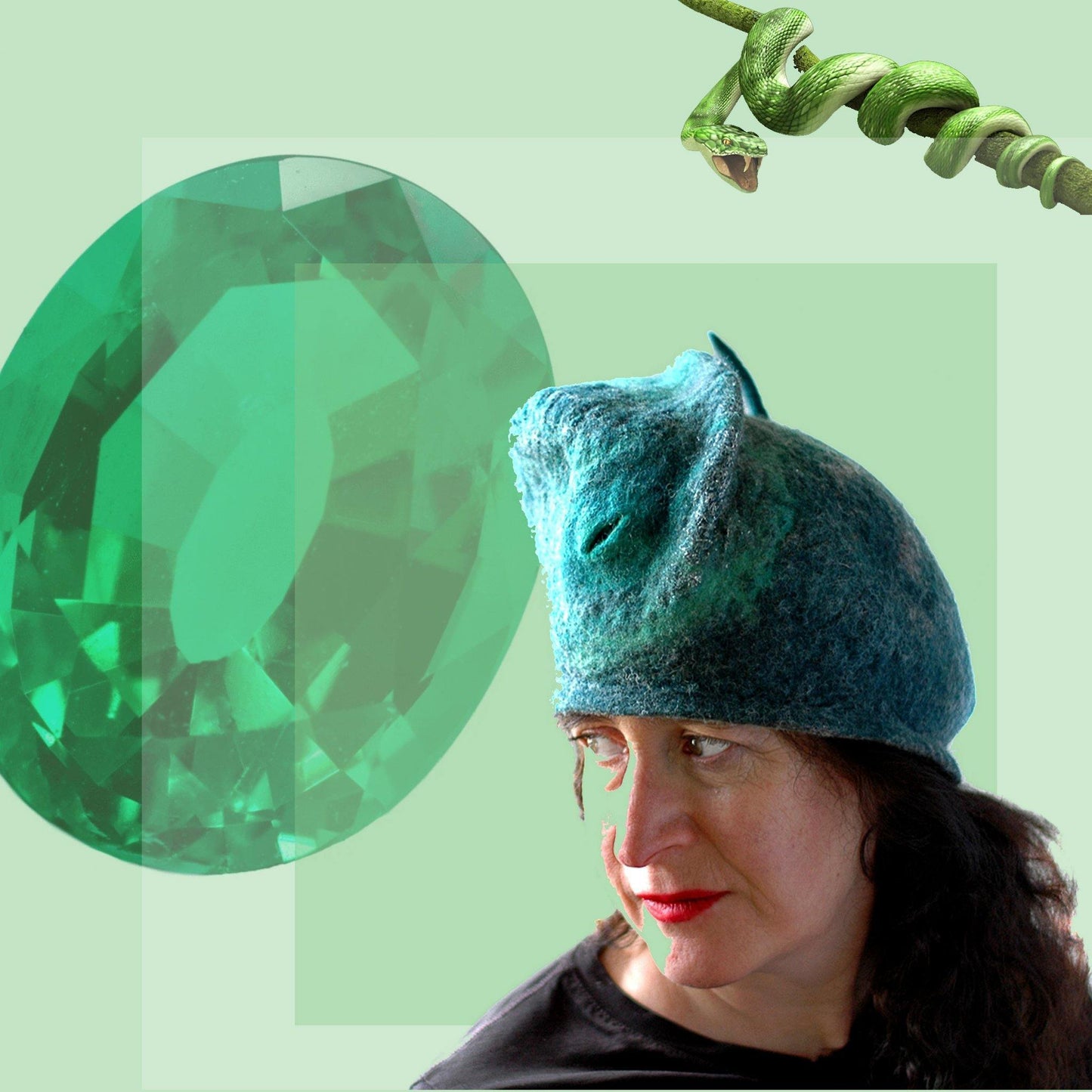 Emerald Green Beret with gem and snake collage.