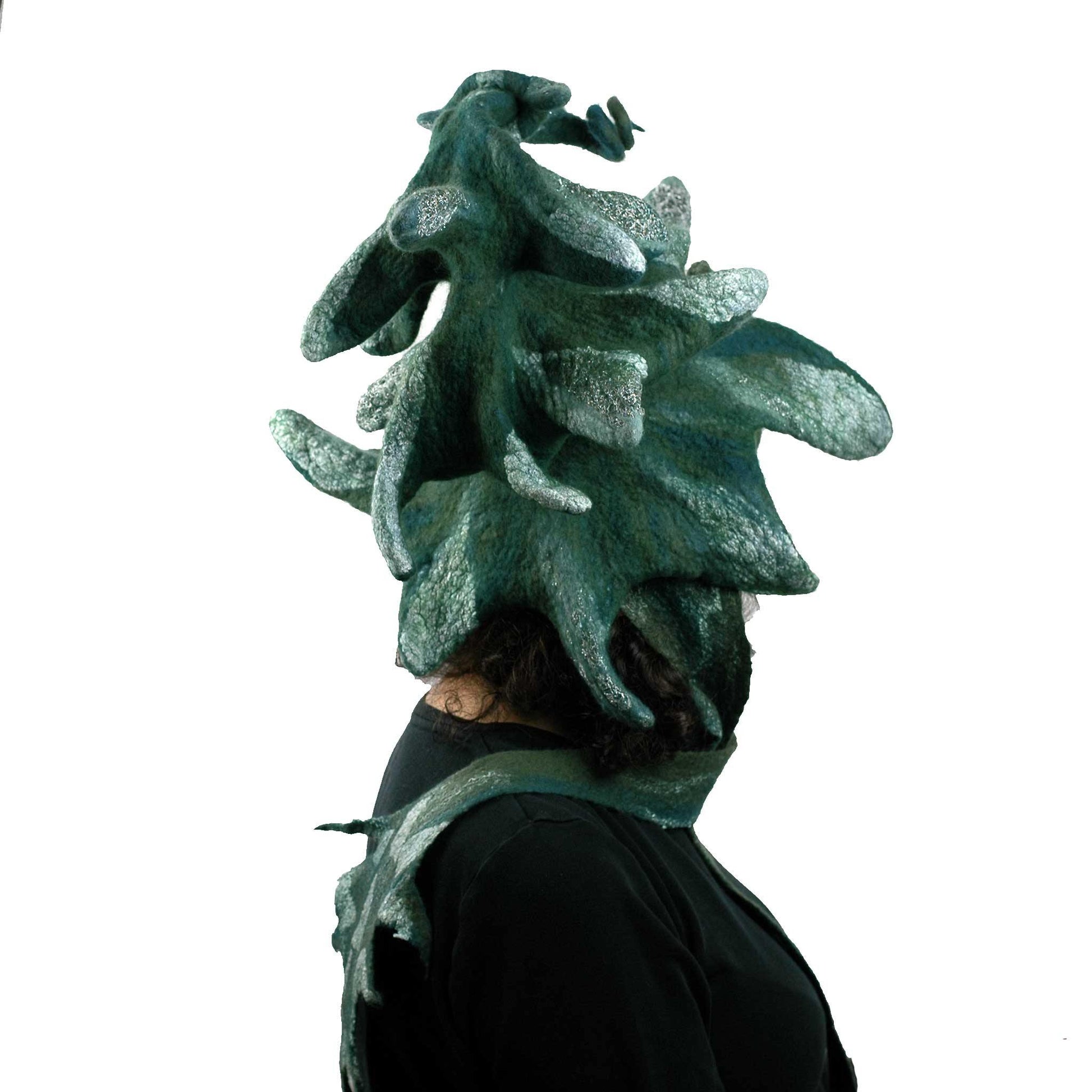Fairytale Green and White Felted Pine Tree Hat with Scarf Ties - back view