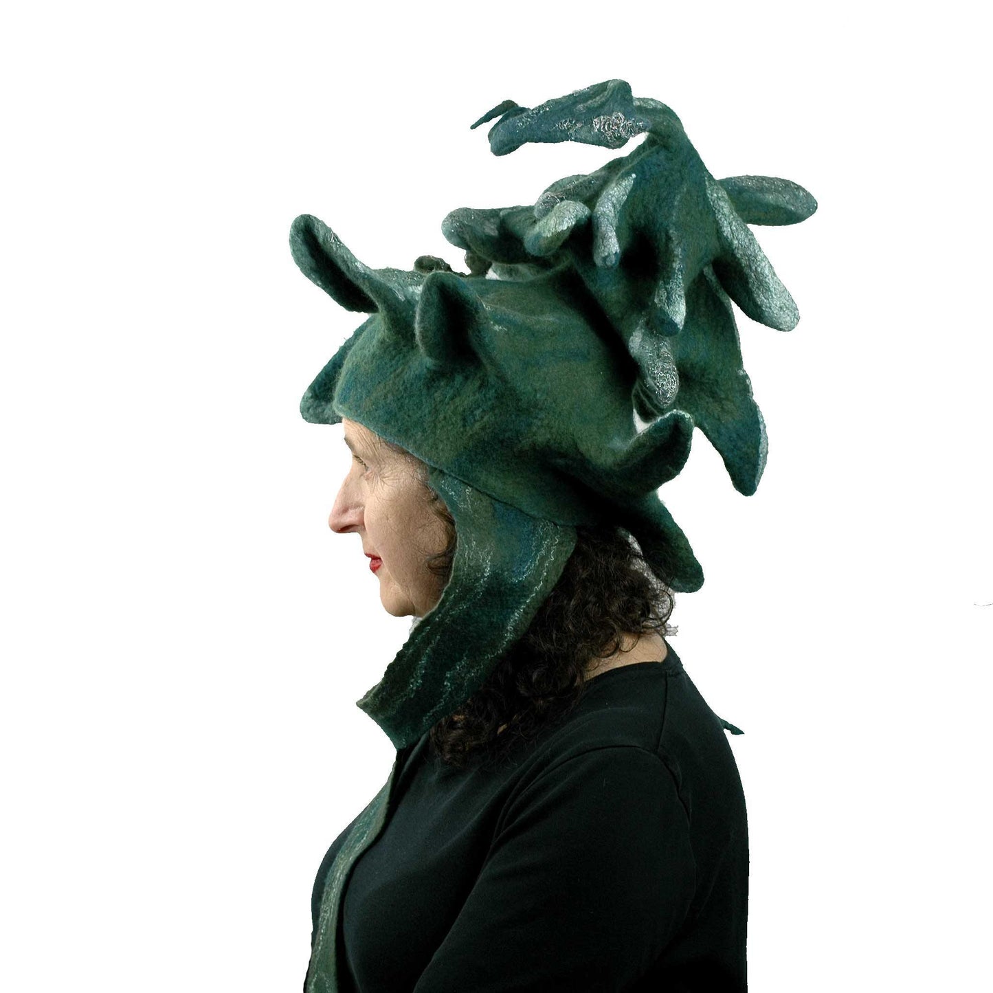 Fairytale Green and White Felted Pine Tree Hat with Scarf Ties - side view