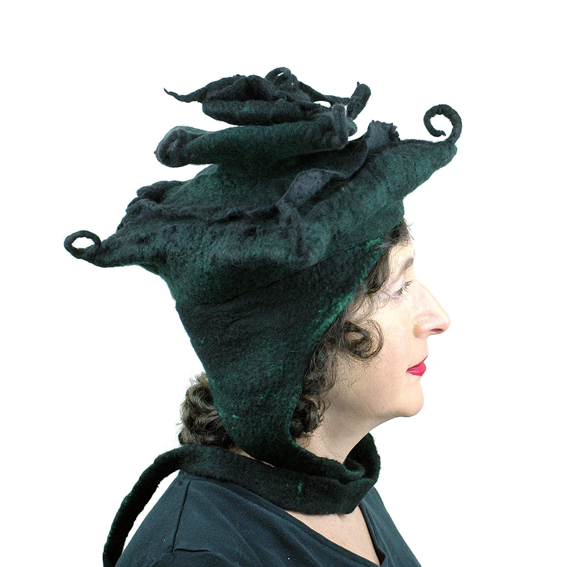Fantasy Felted Pagoda Hat with Corner Curlicues - side view