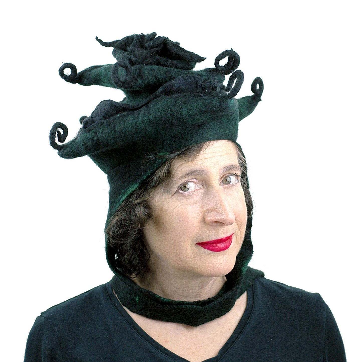 Fantasy Felted Pagoda Hat with Corner Curlicues - threequarters view