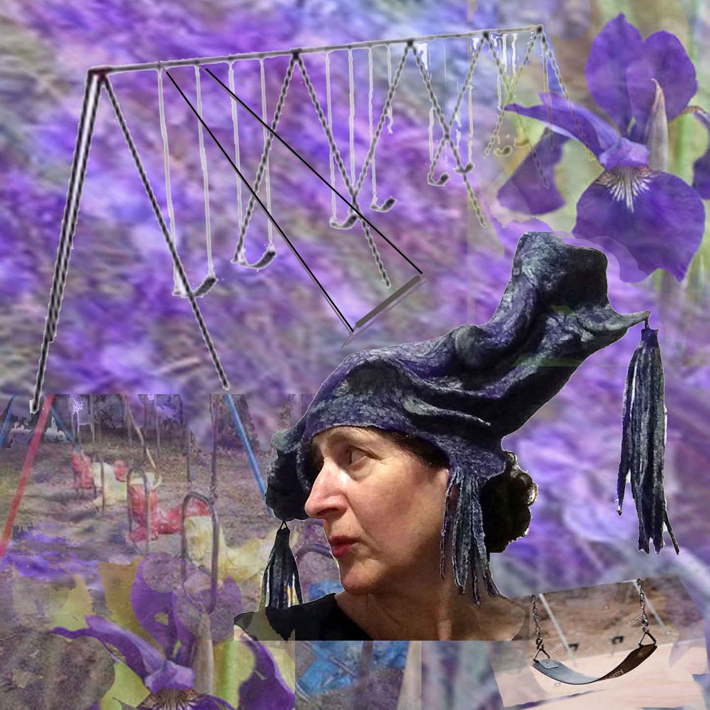 Fantasy Headwear of a Purple Tasseled Hat set against a digital collage of a playground.
