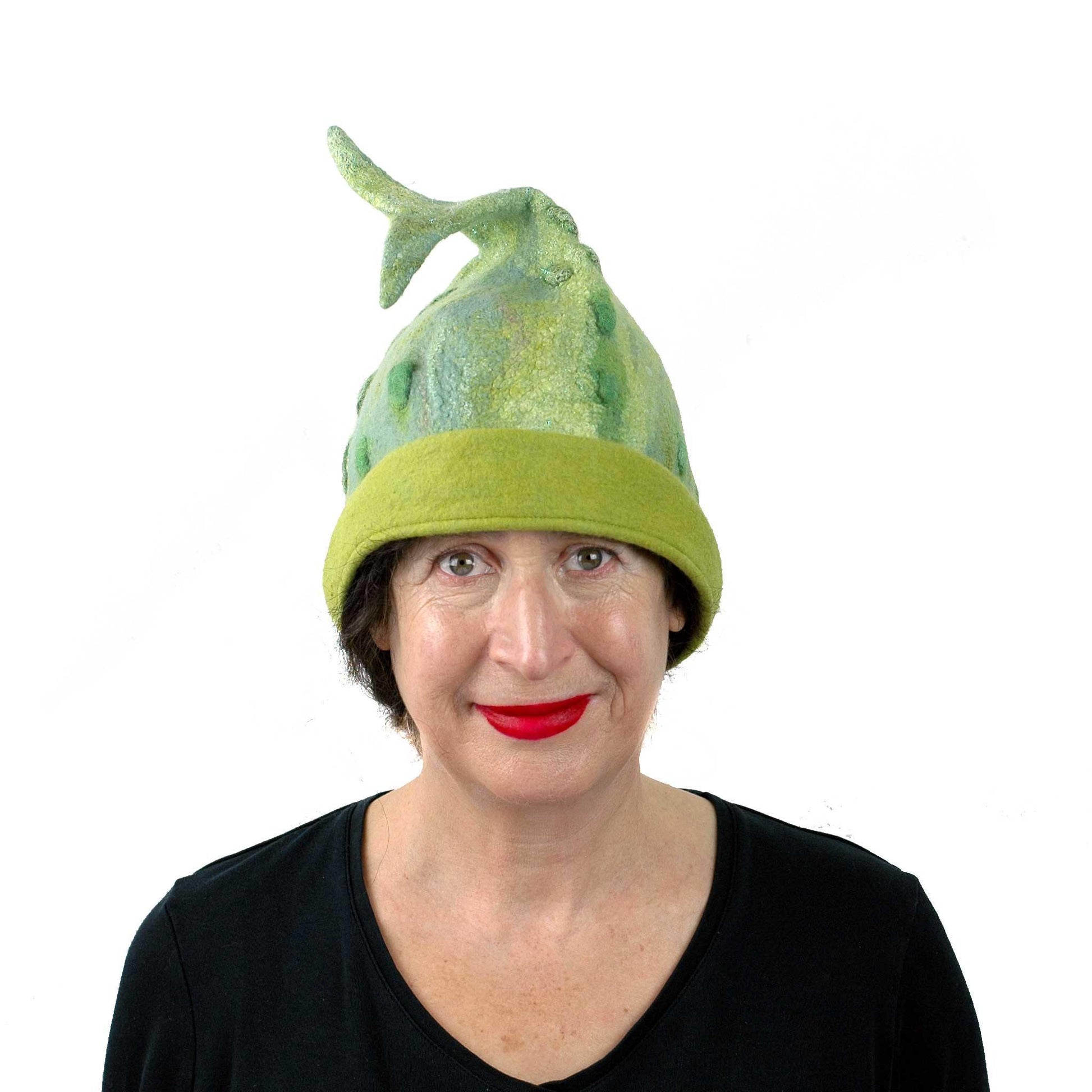 Felted Beanie Hat in Lime Green Wool - Large Size -front view