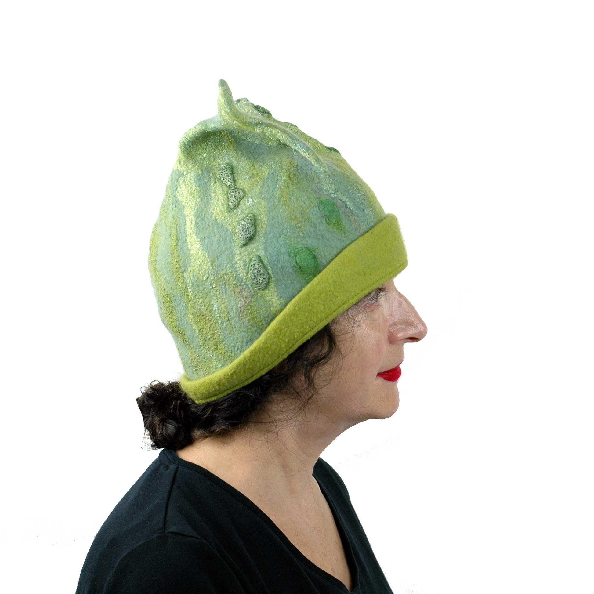 Felted Beanie Hat in Lime Green Wool - Large Size -sideview