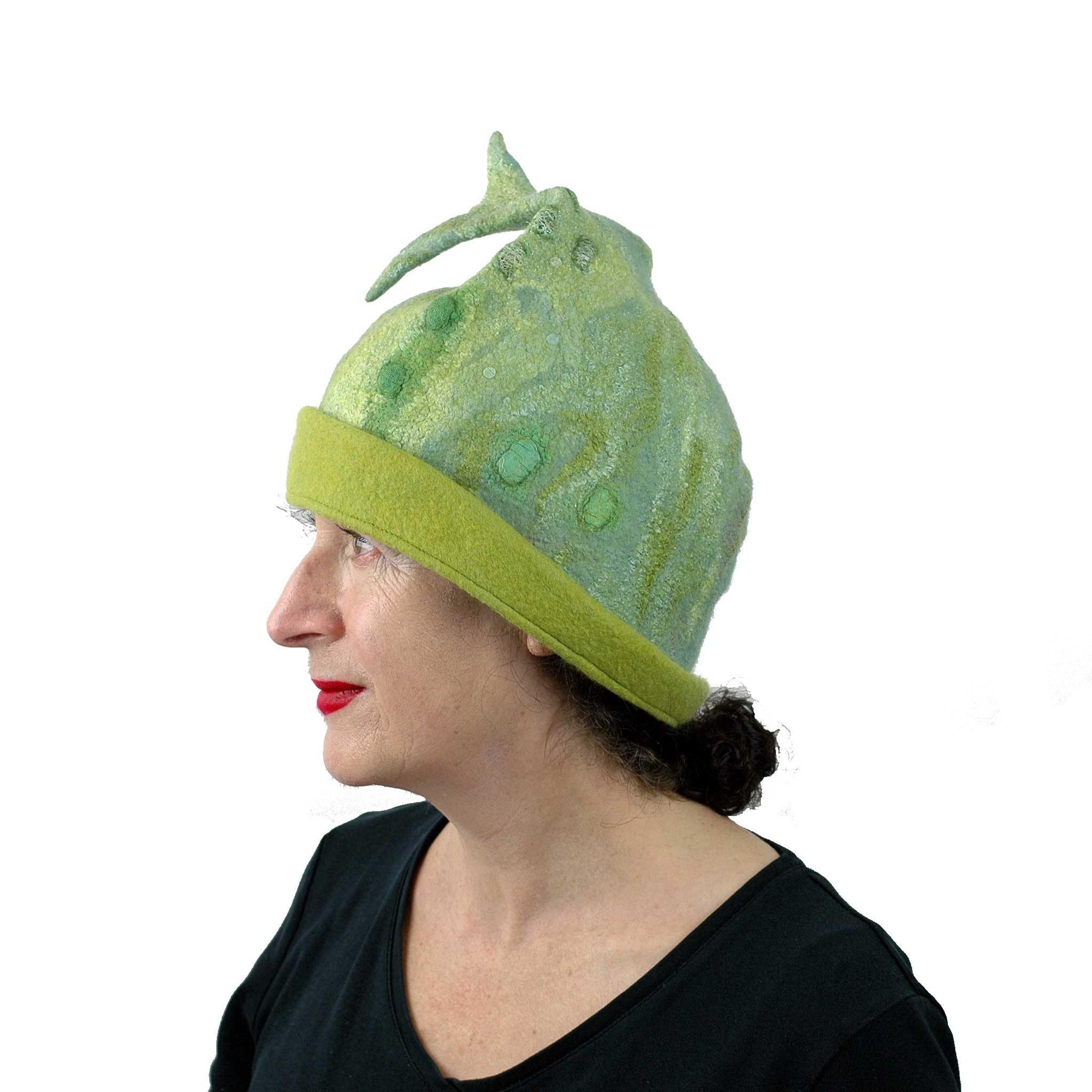 Felted Beanie Hat in Lime Green Wool - Large Size -sideview