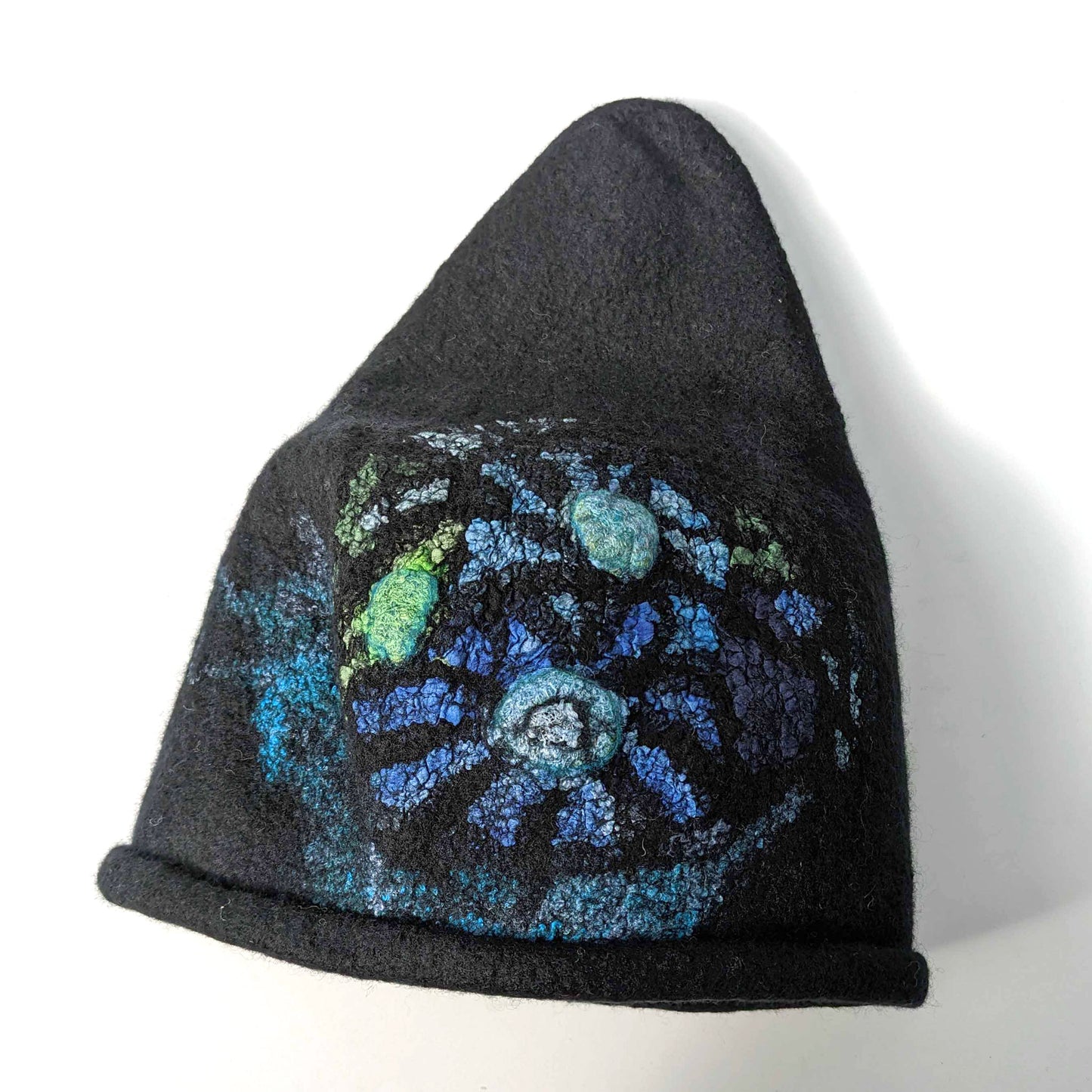 Felted Beanie with Stained Glass Pattern Inspired by Harry Clarke - flatlay