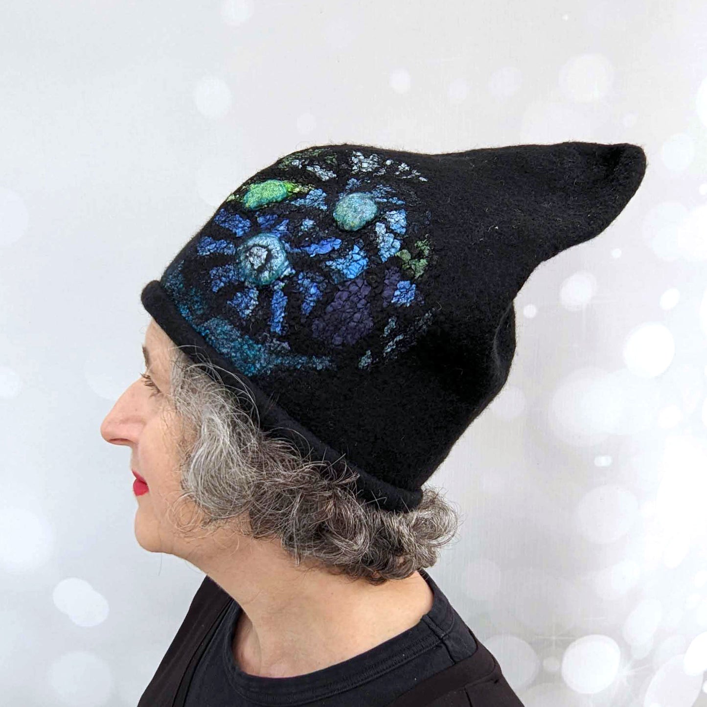 Felted Beanie with Stained Glass Pattern Inspired by Harry Clarke - sideview