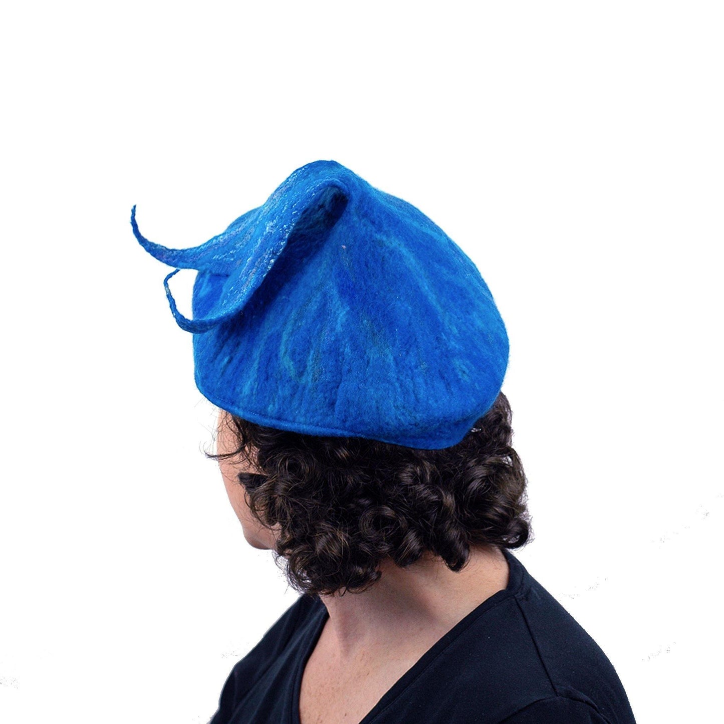 Felted Blue Beret with Fishtail Bobble - back view