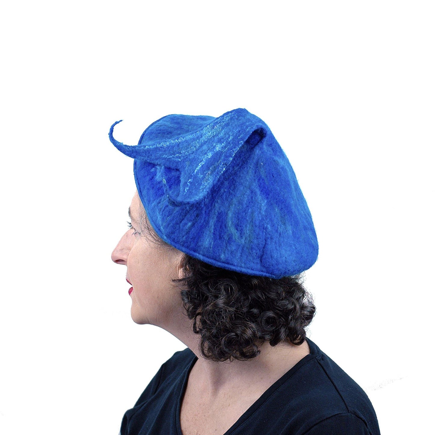Felted Blue Beret with Fishtail Bobble - side view