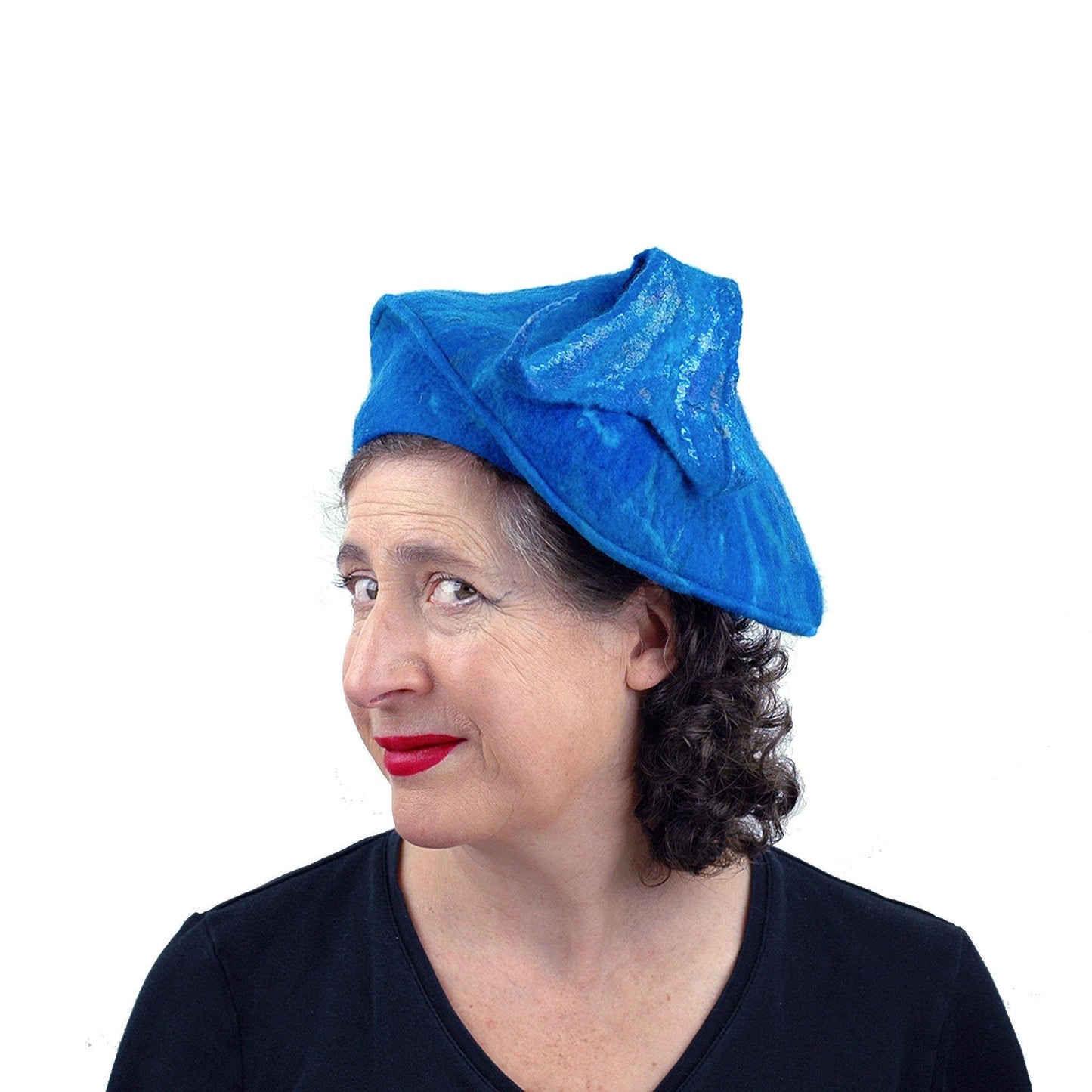 Felted Blue Beret with Fishtail Bobble - threequarters view