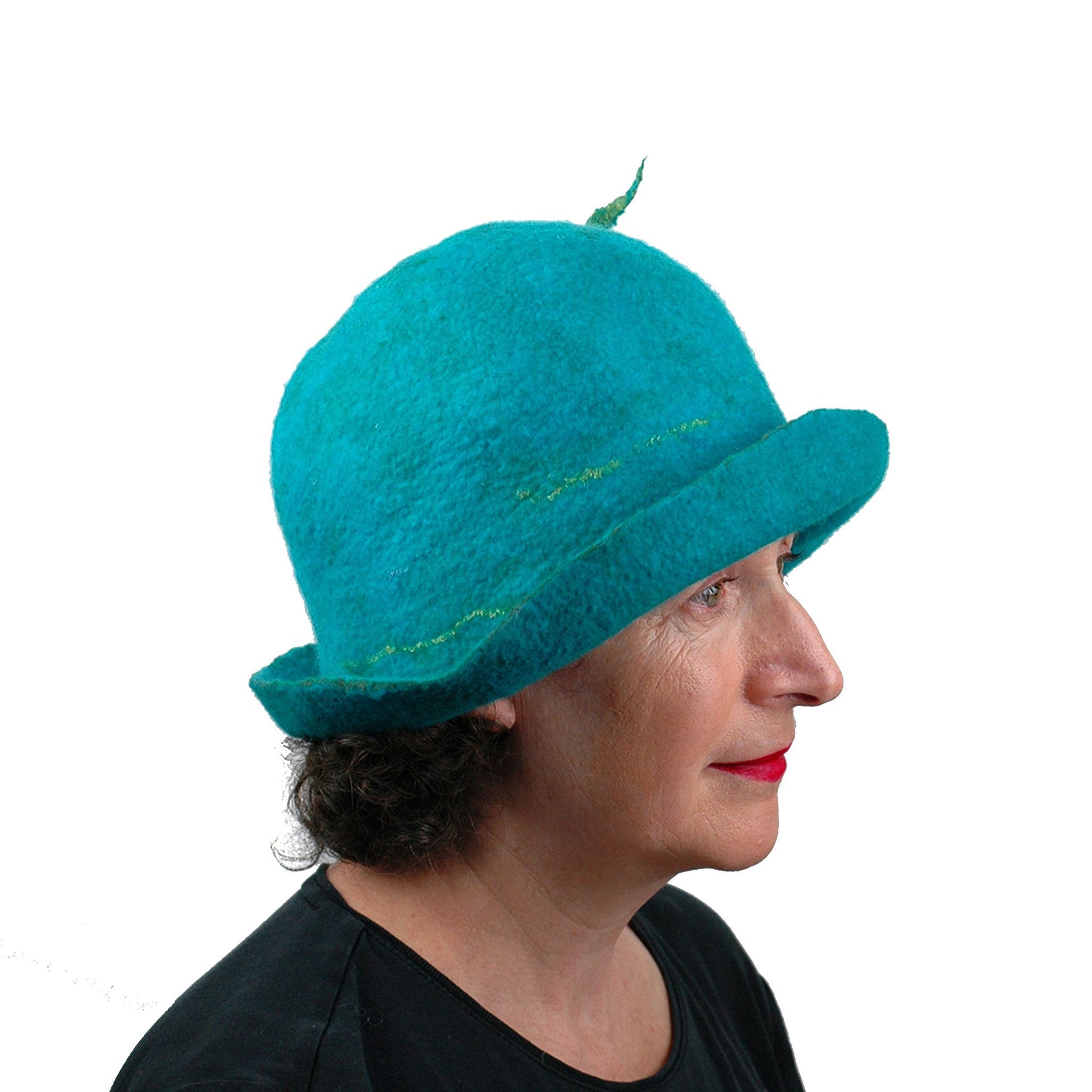 Felted Turquoise Blue Bowler with Stylized Peacock Feather - side view