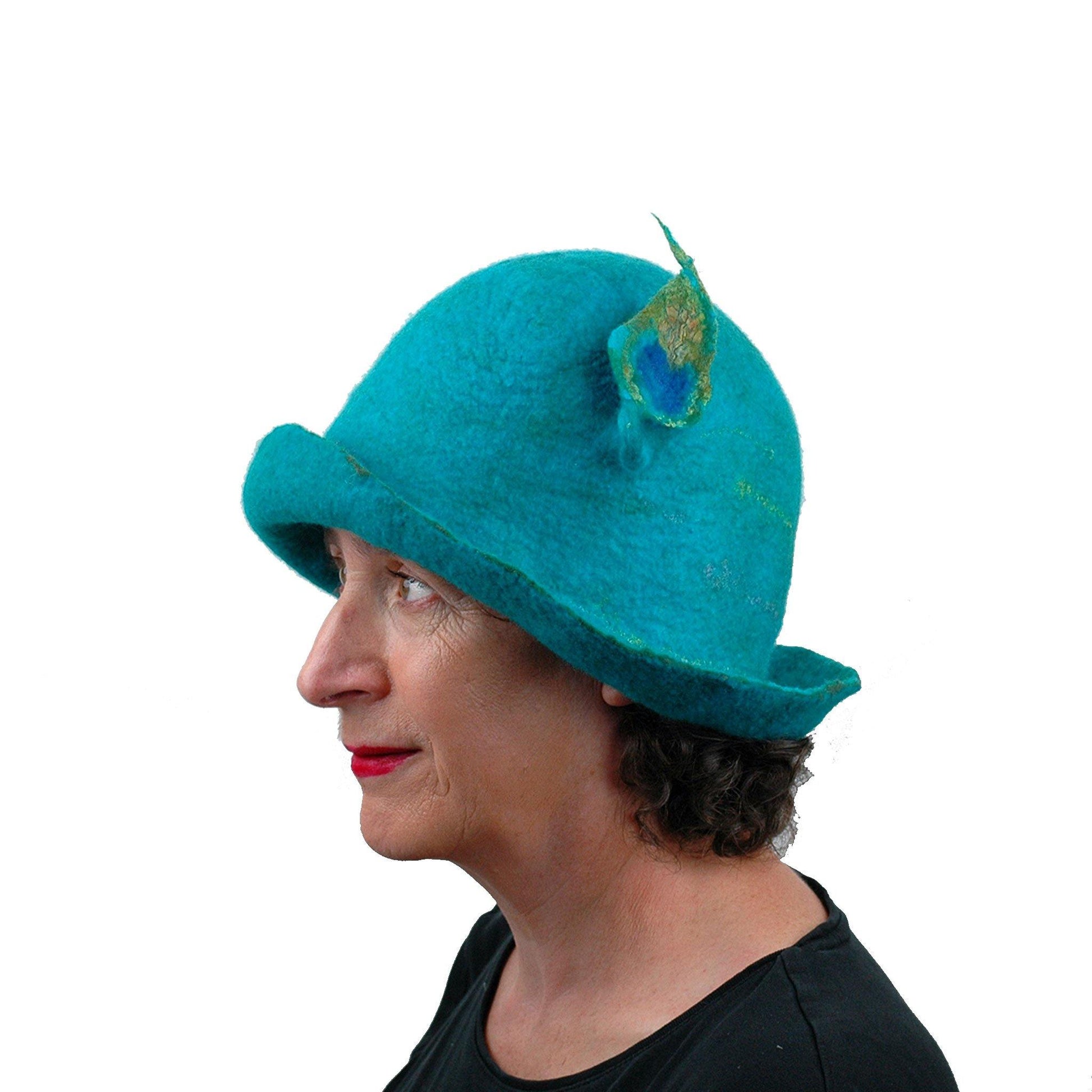 Felted Turquoise Blue Bowler with Stylized Peacock Feather - side view