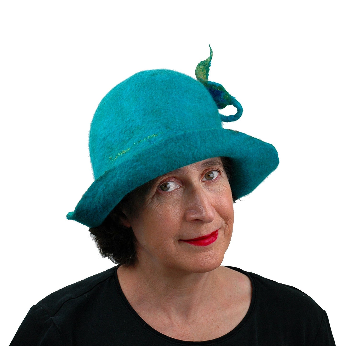 Felted Turquoise Blue Bowler with Stylized Peacock Feather - front view
