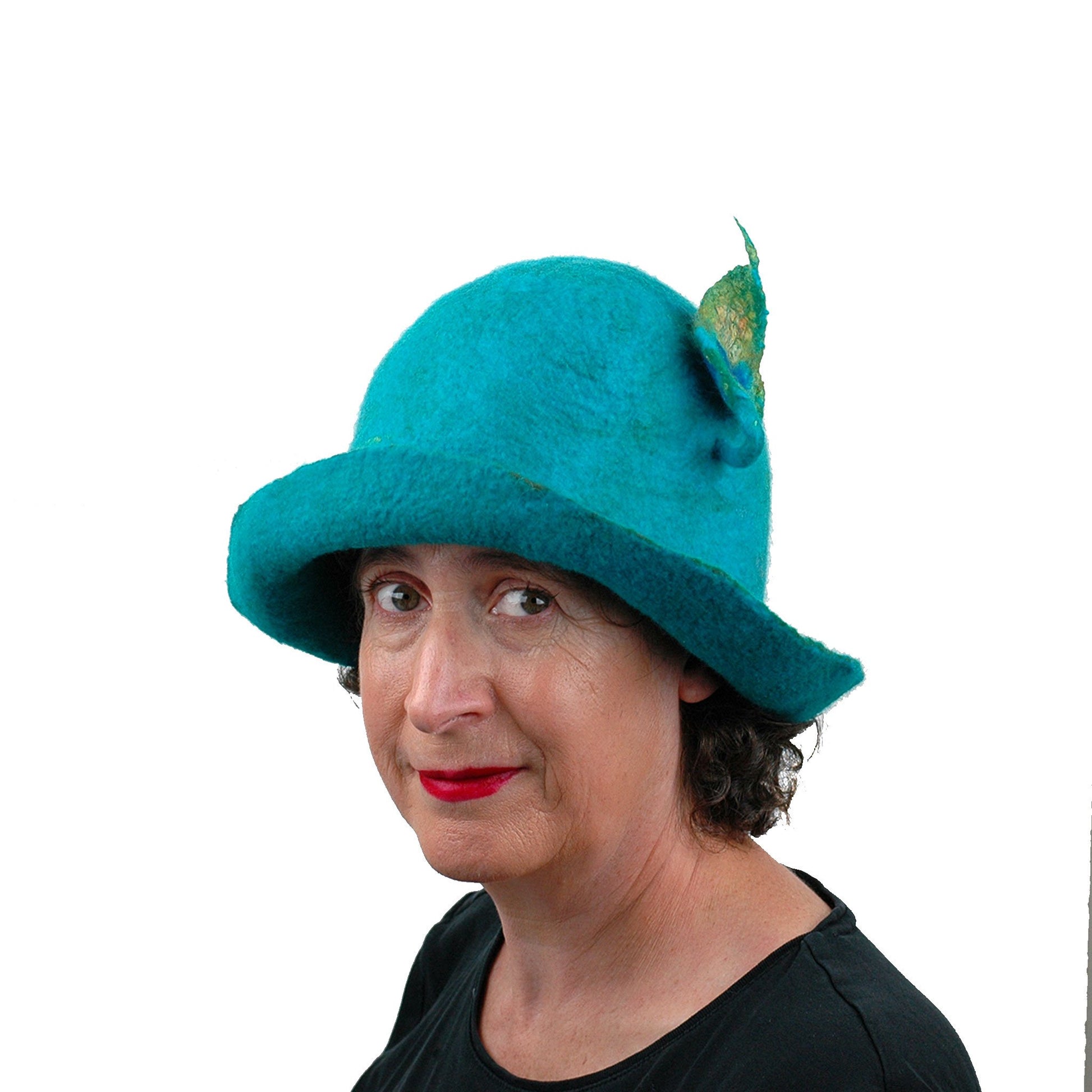 Felted Turquoise Blue Bowler with Stylized Peacock Feather - three quarters view
