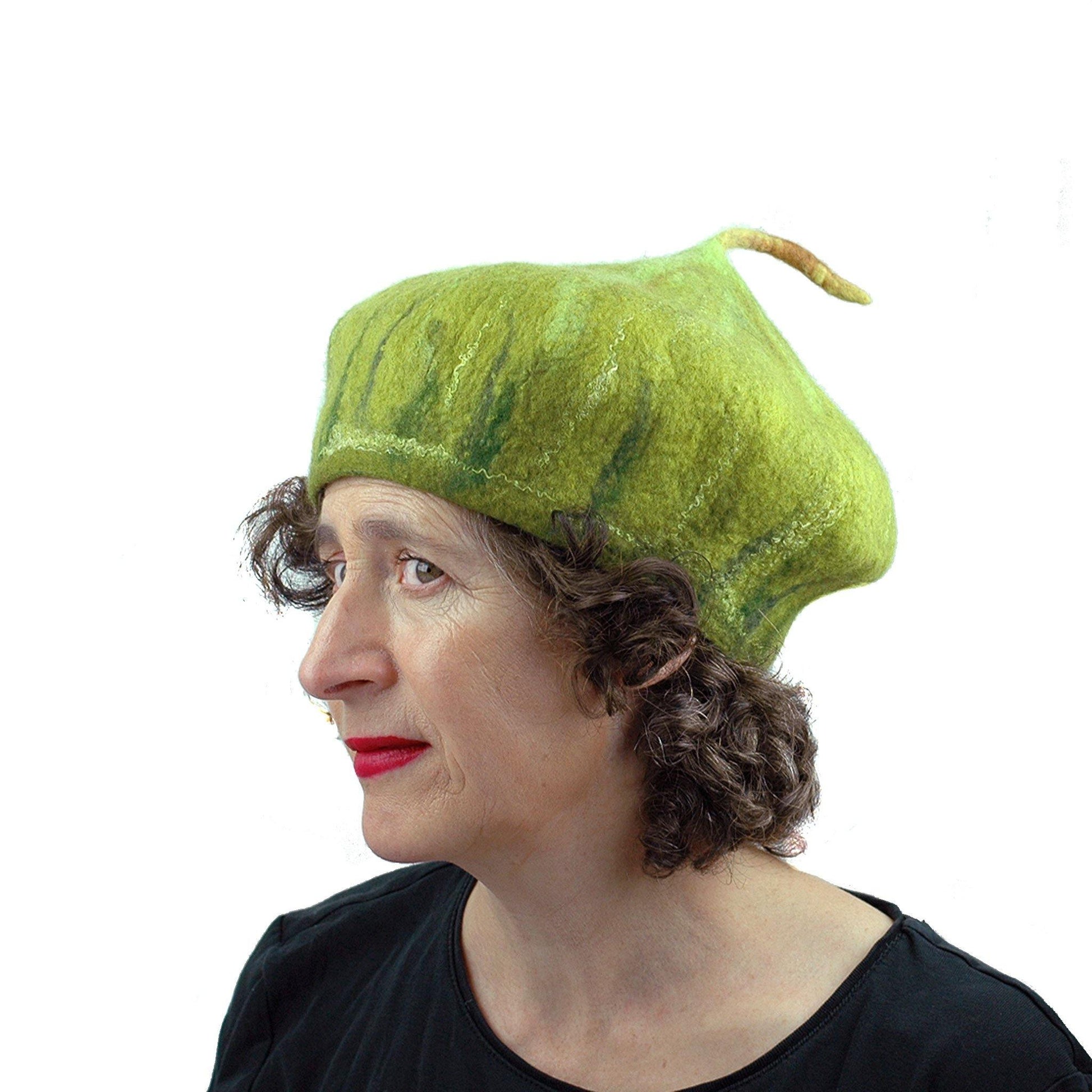 Felted Green Fig Hat - side view