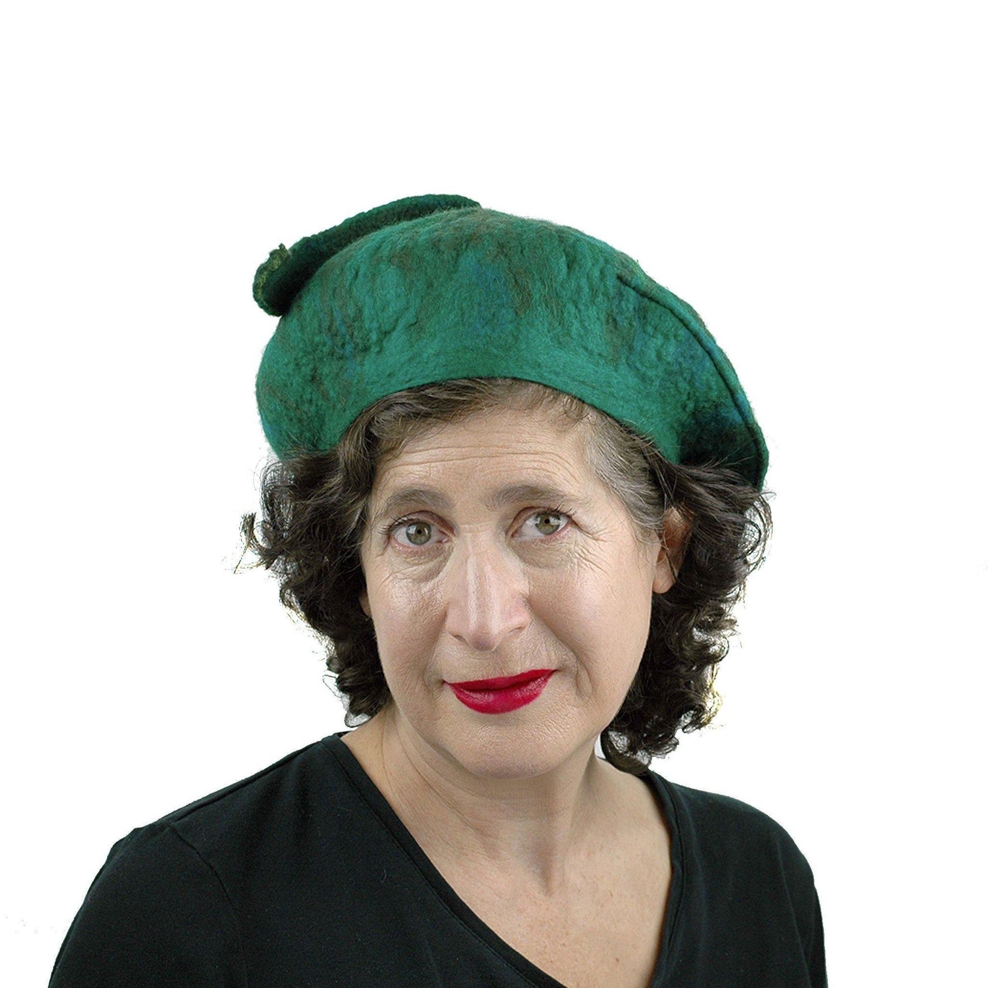 Felted Green Fishtail Beret - front view
