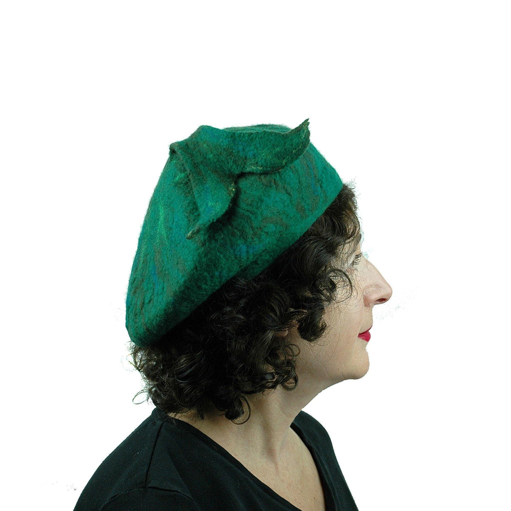Felted Green Fishtail Beret - side view