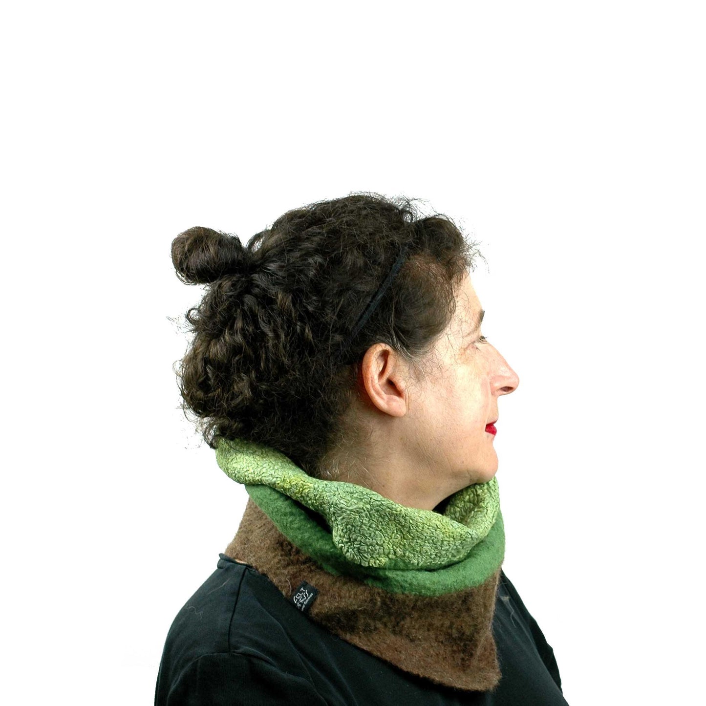 Felted Kiwi Neck Cowl worn with inside showing on outside.