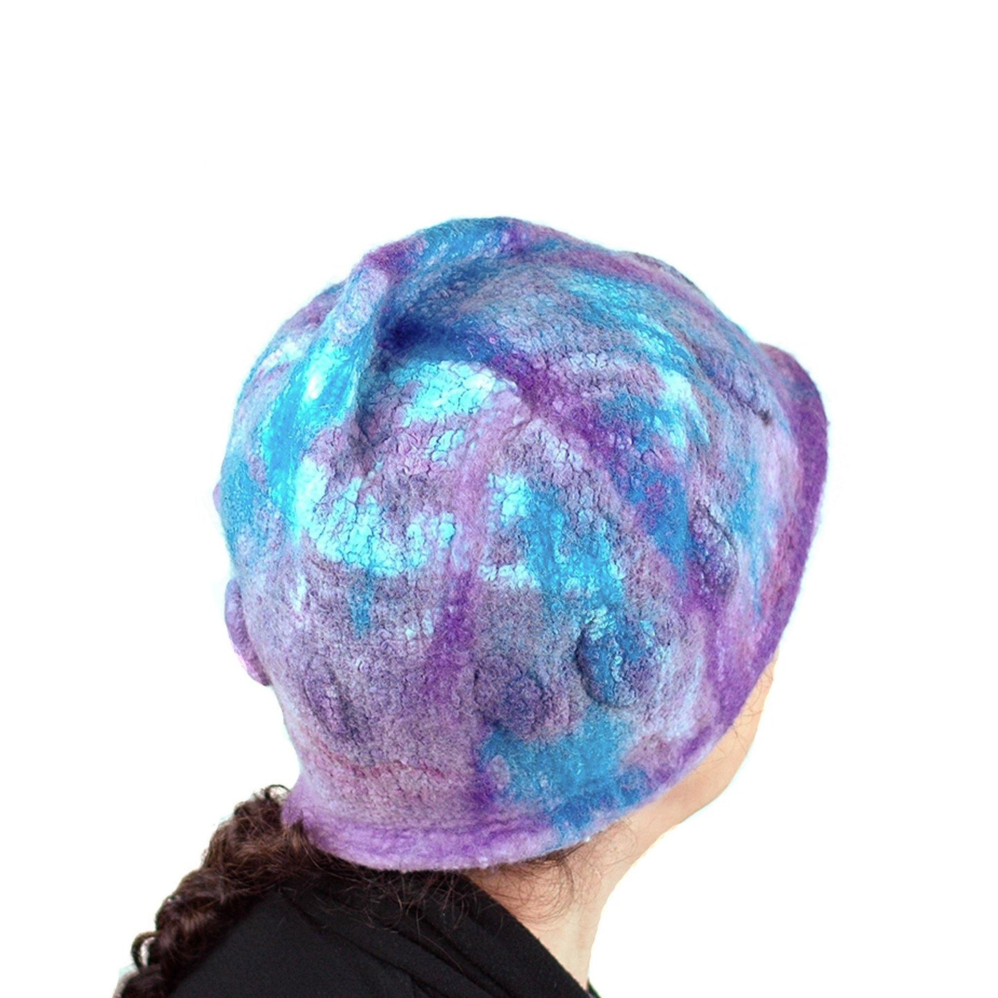 Felted Pixie Cloche in Purple and Turquoise -back view
