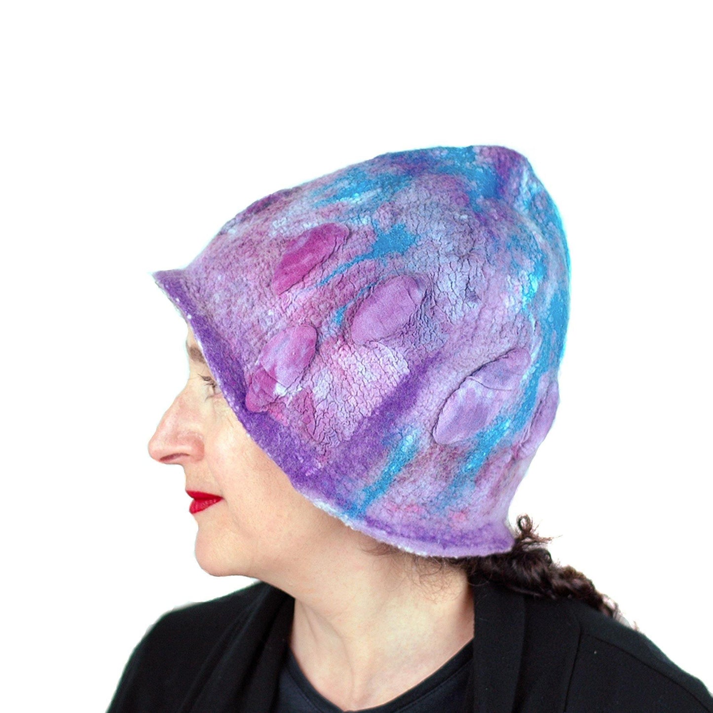 Felted Pixie Cloche in Purple and Turquoise - side view