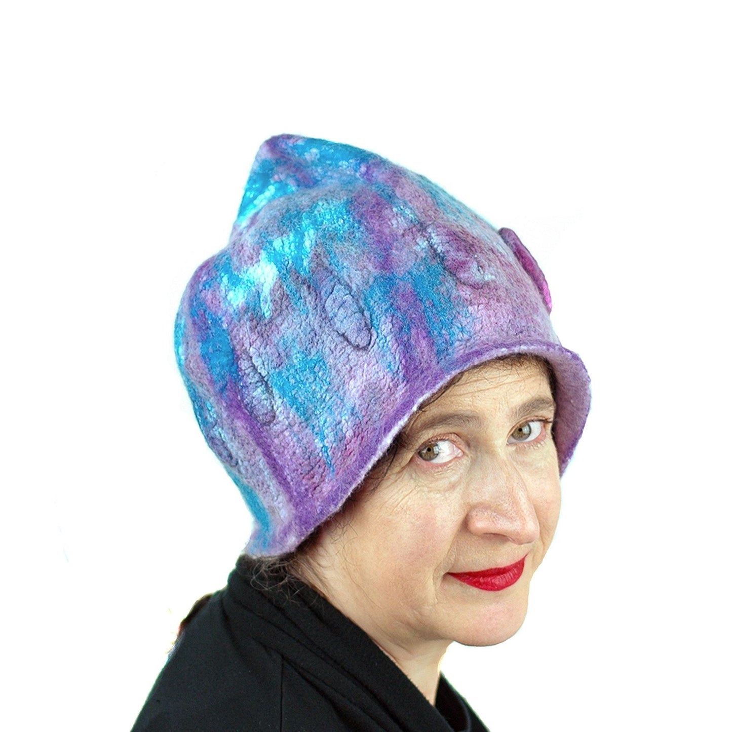Felted Pixie Cloche in Purple and Turquoise - three quarters view
