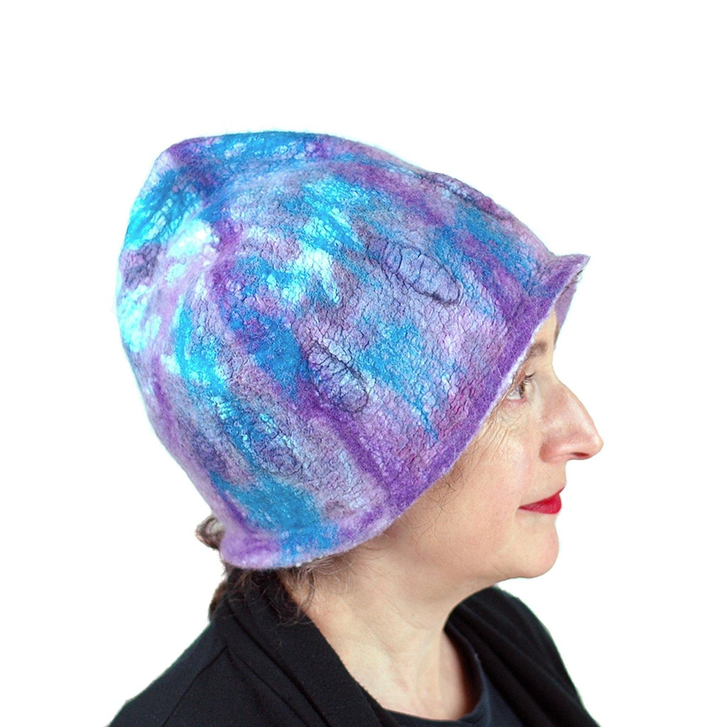 Felted Pixie Cloche in Purple and Turquoise - side view