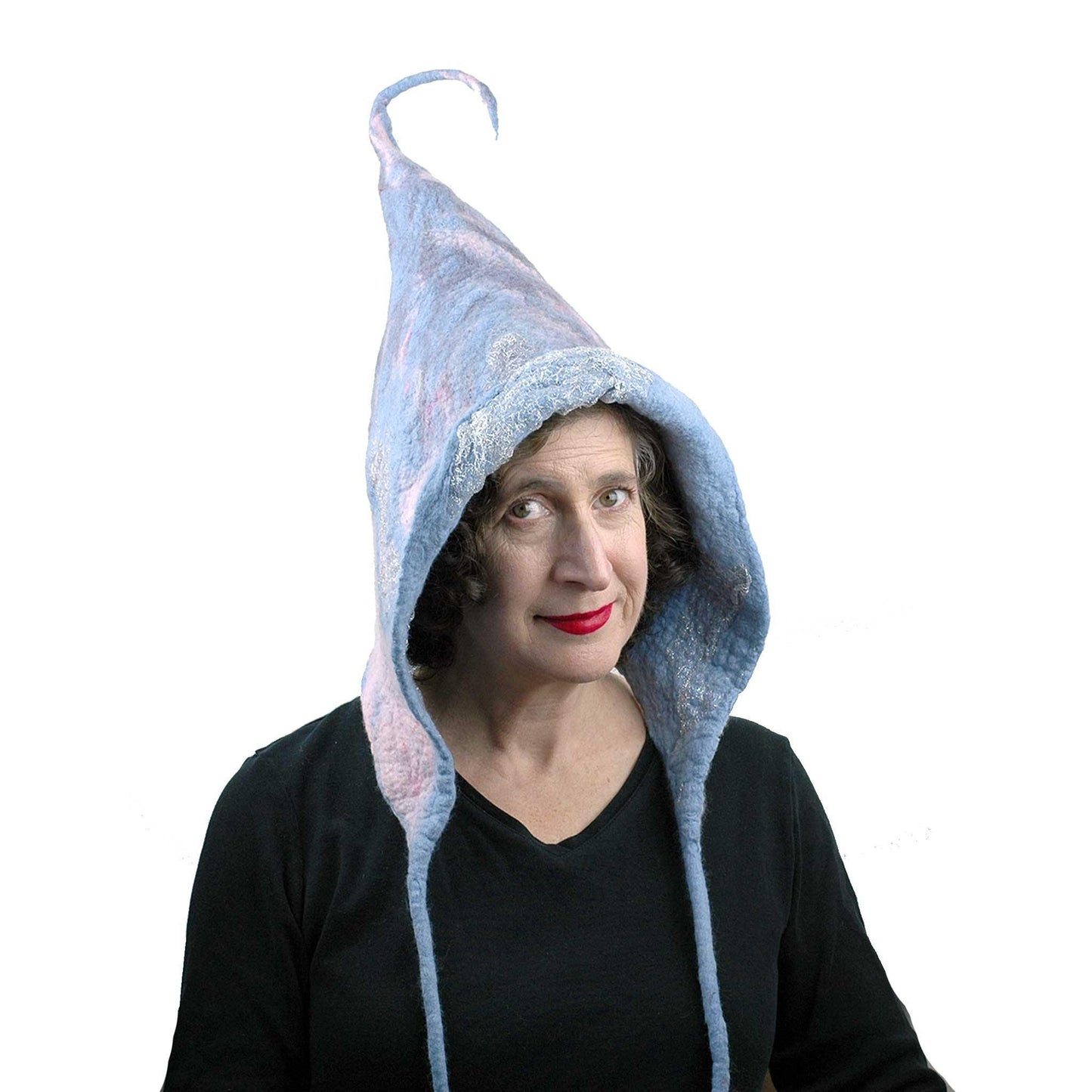 Felted Pixie Hood in Soft Colors - three quarters view