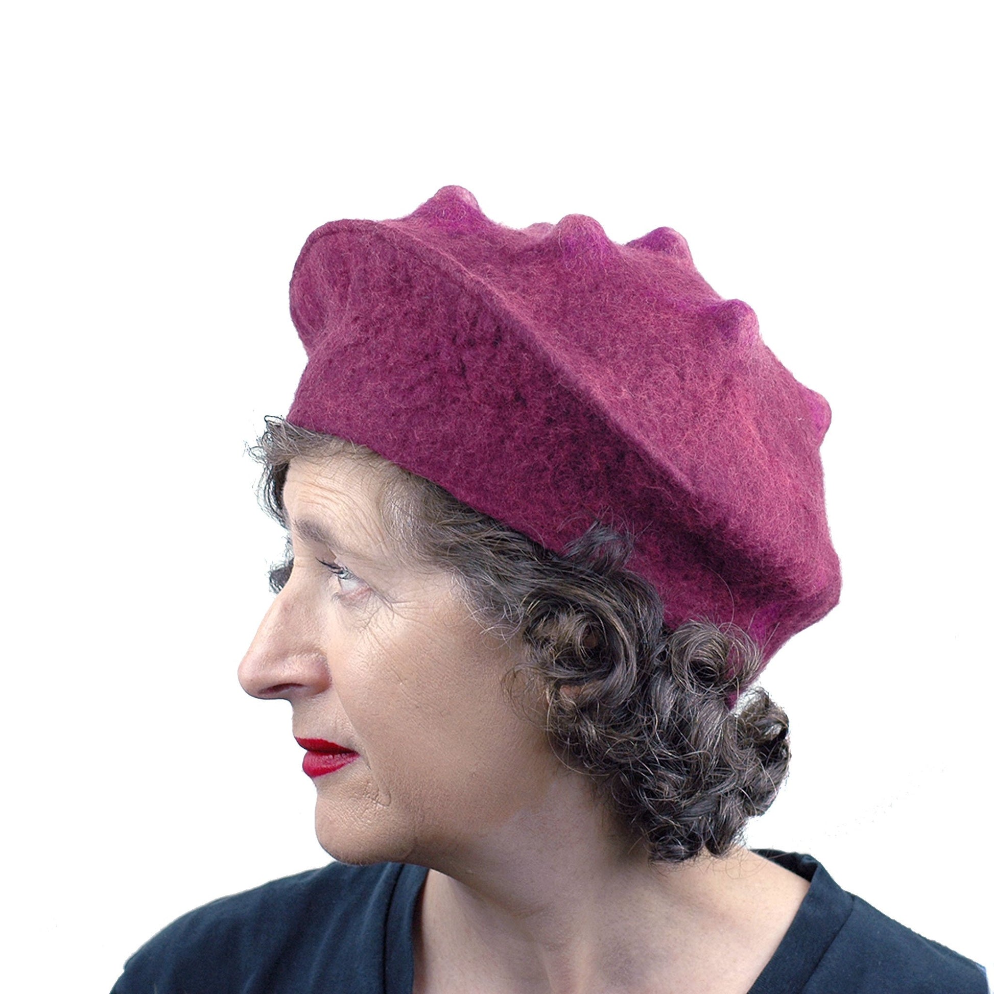 Felted Raspberry Beret - side view