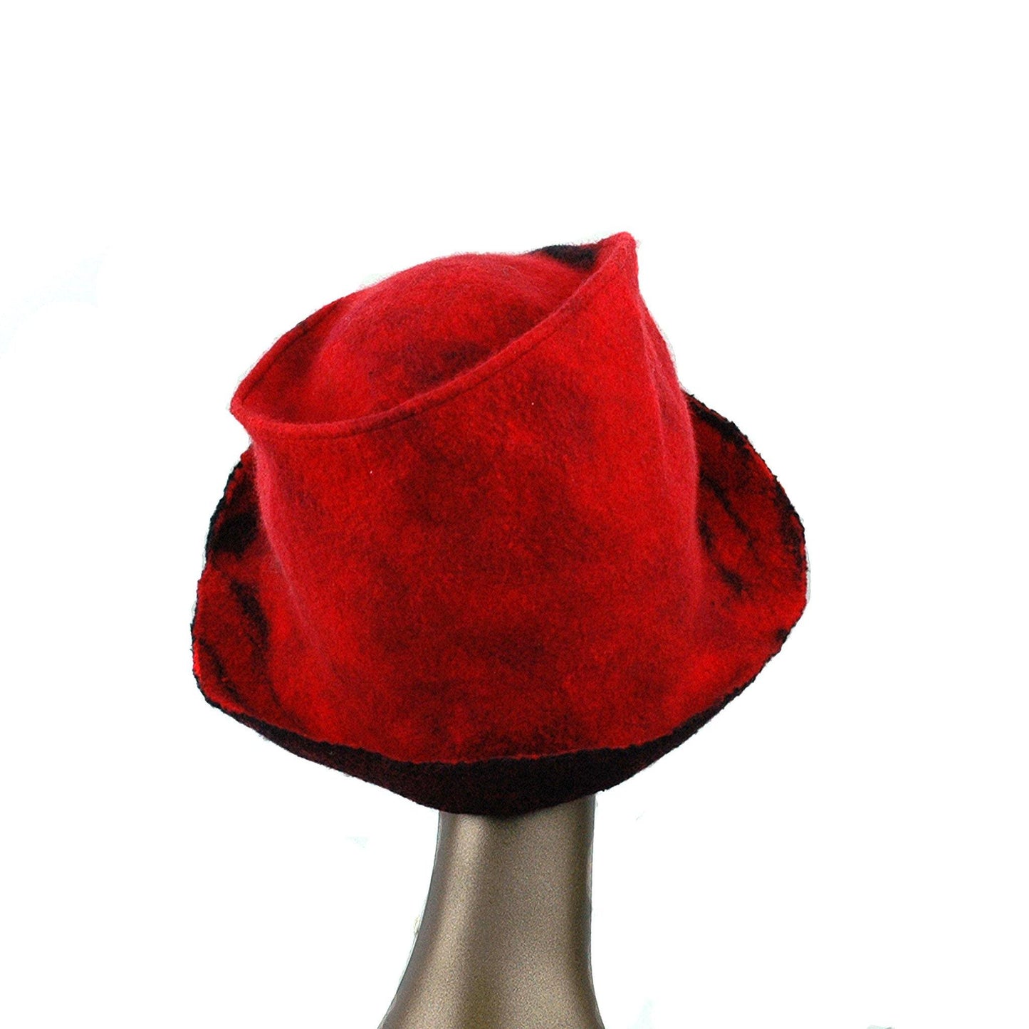 Felted Red and Black Fedora with Geometric Pattern - back view