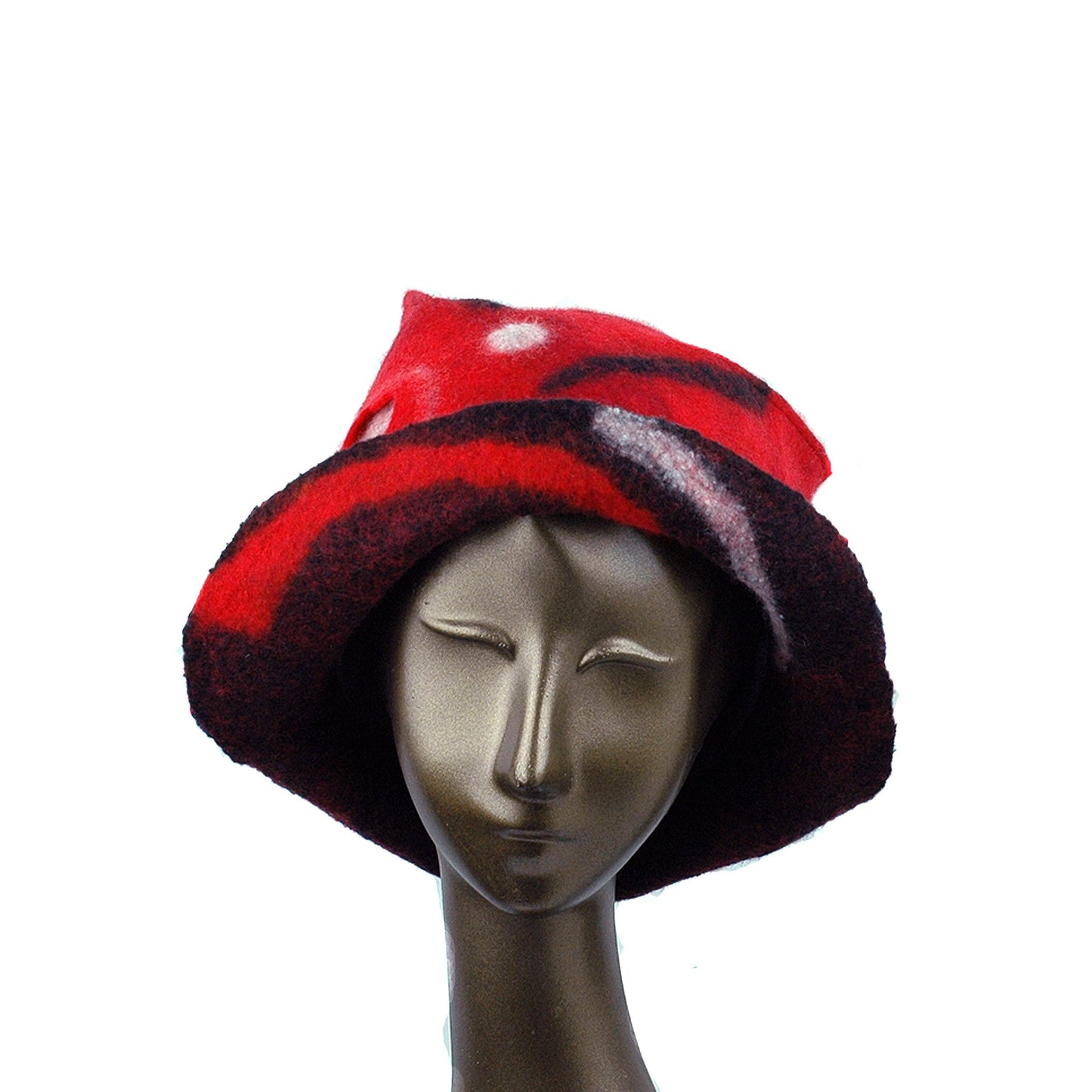 Felted Red and Black Fedora with Geometric Pattern - front view