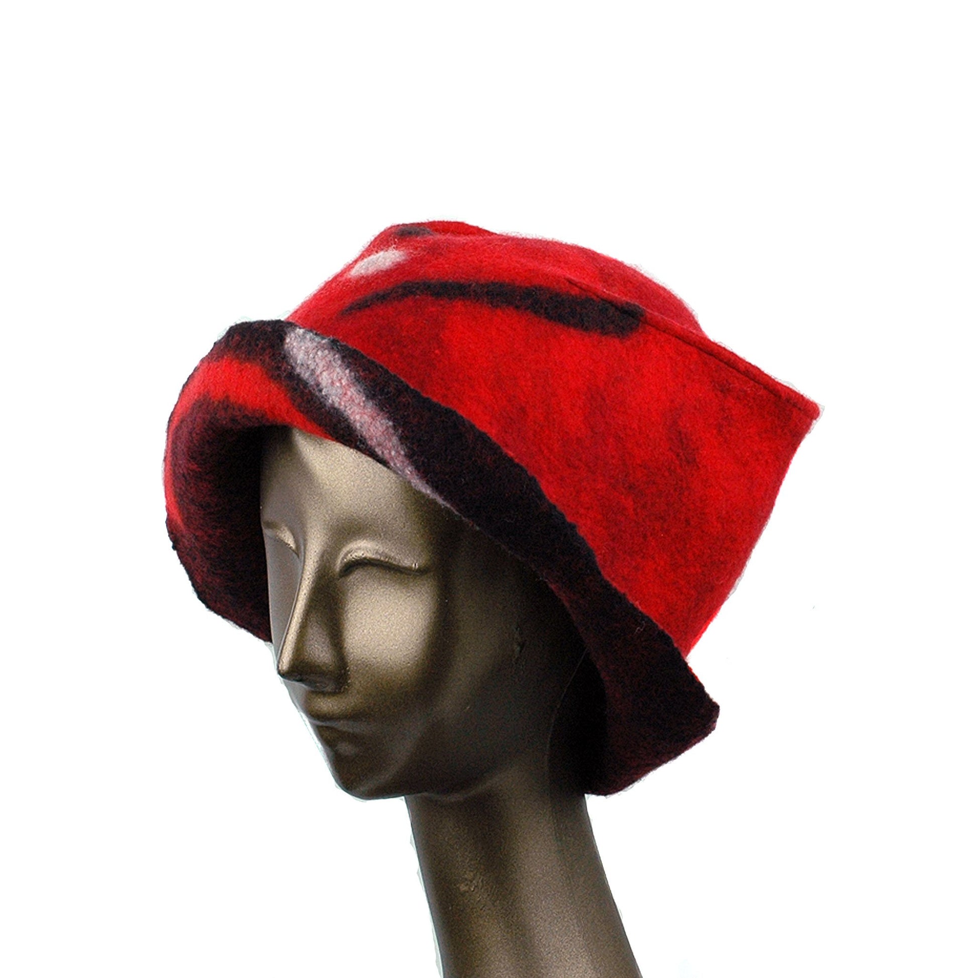 Felted Red and Black Fedora with Geometric Pattern - side view