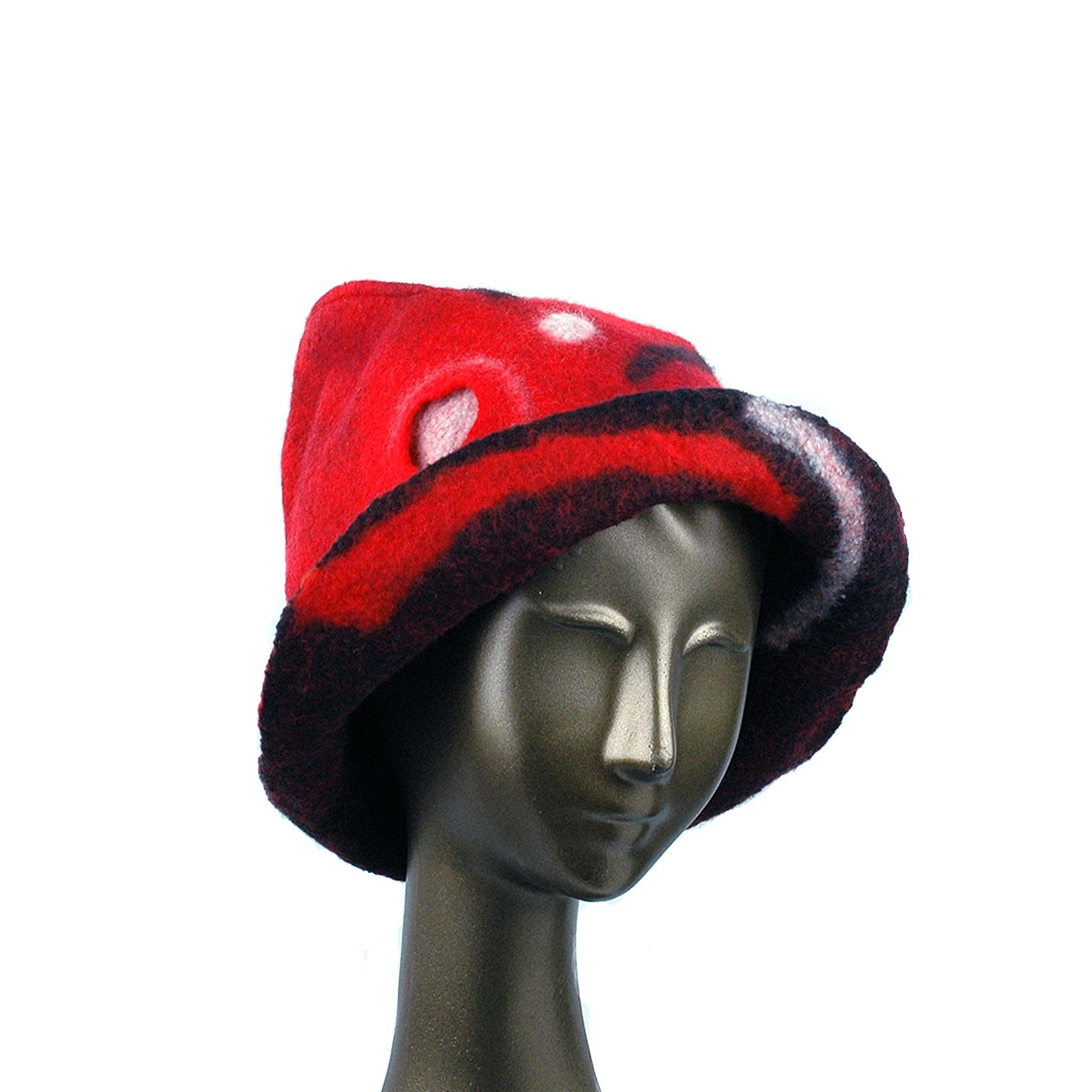 Felted Red and Black Fedora with Geometric Pattern - three quarters view