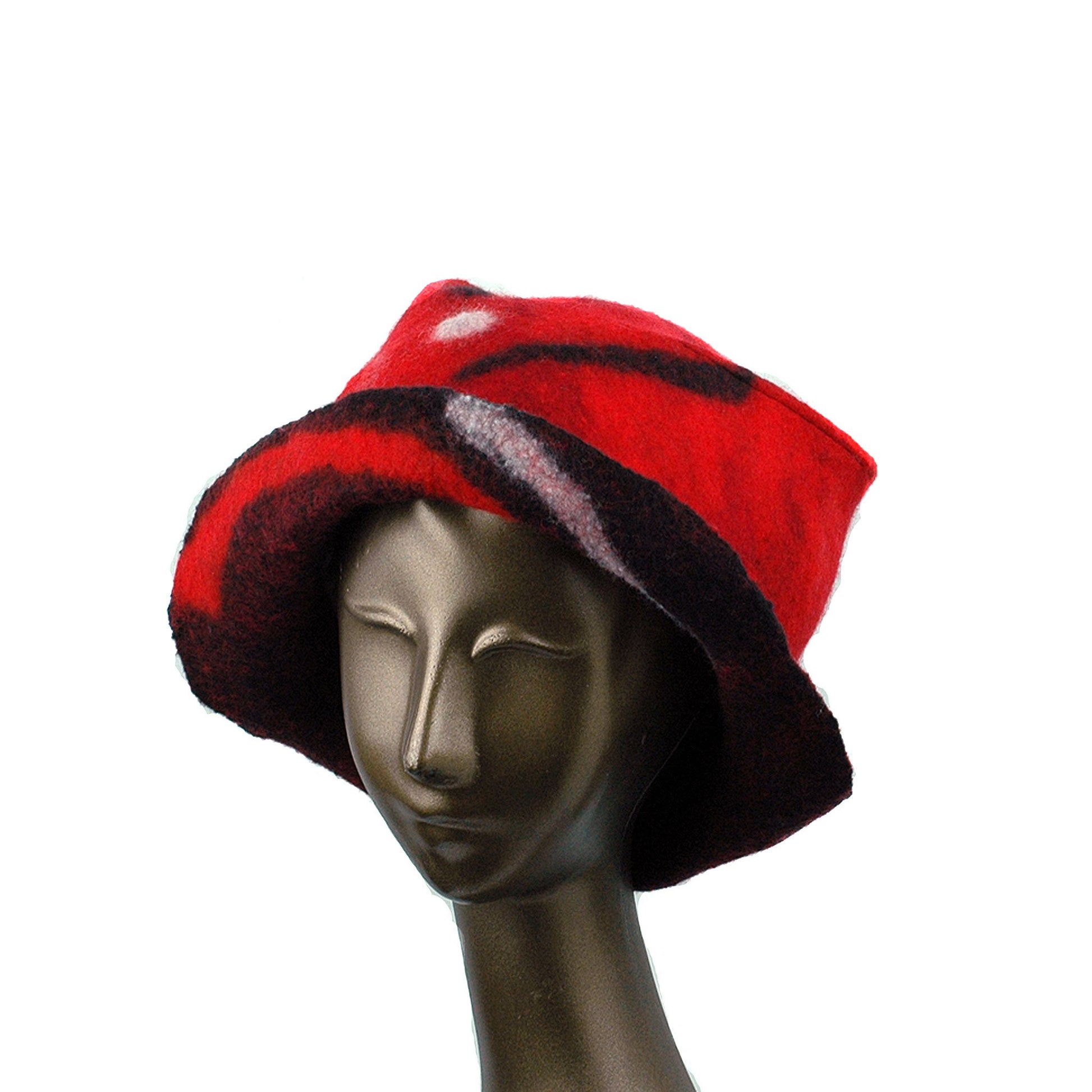 Felted Red and Black Fedora with Geometric Pattern - three quarters view