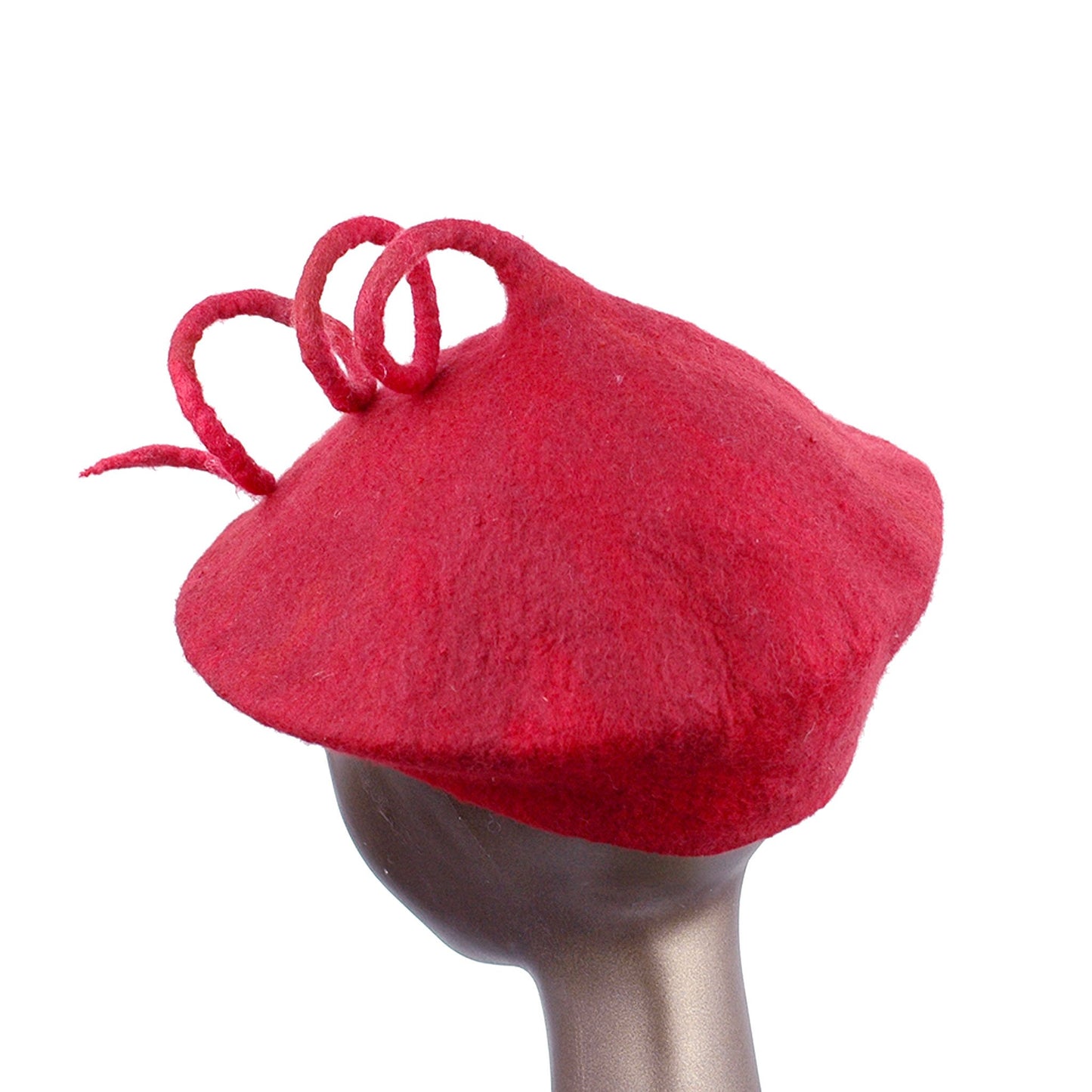 Felted Red Beret with Long Curlicue - back view