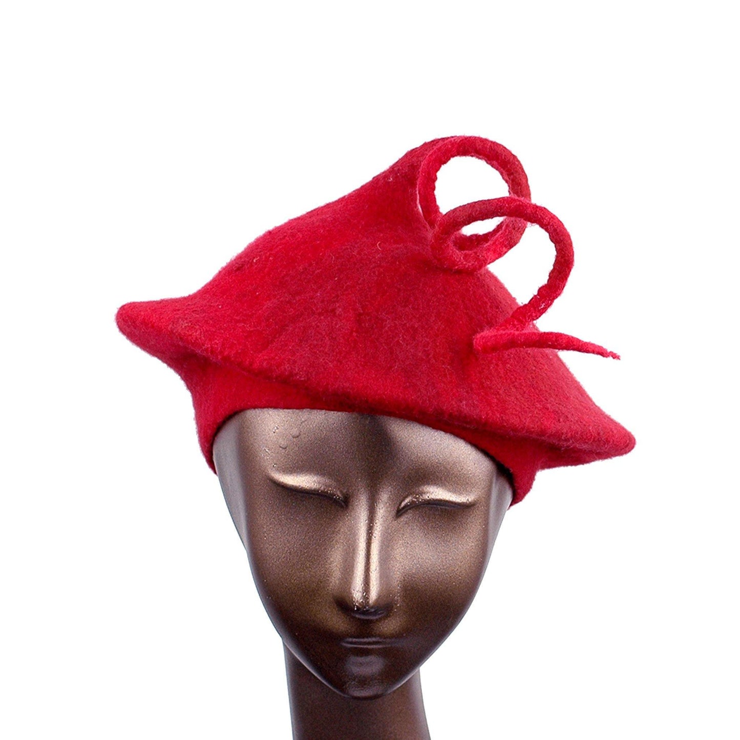 Felted Red Beret with Long Curlicue - front view
