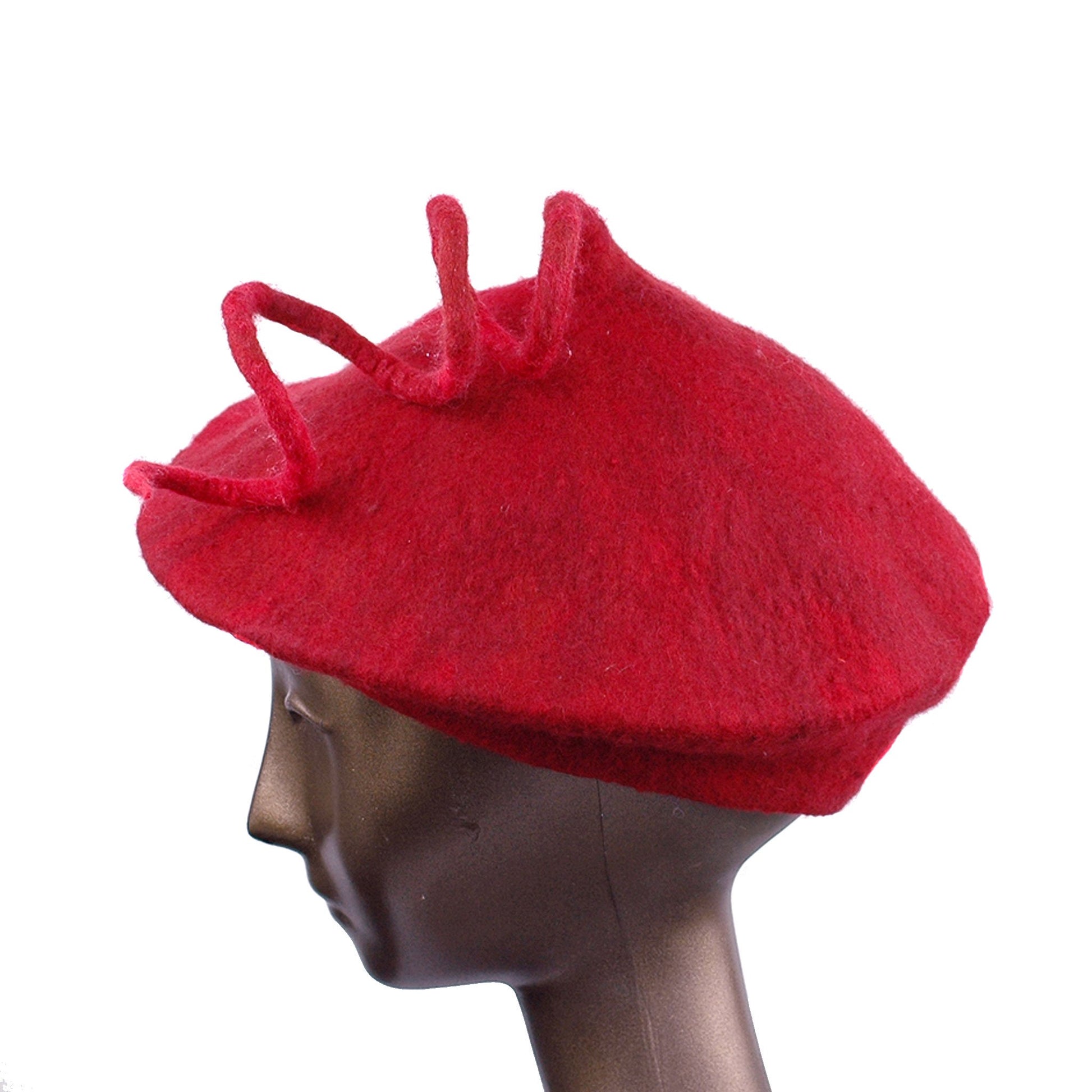 Felted Red Beret with Long Curlicue - side view