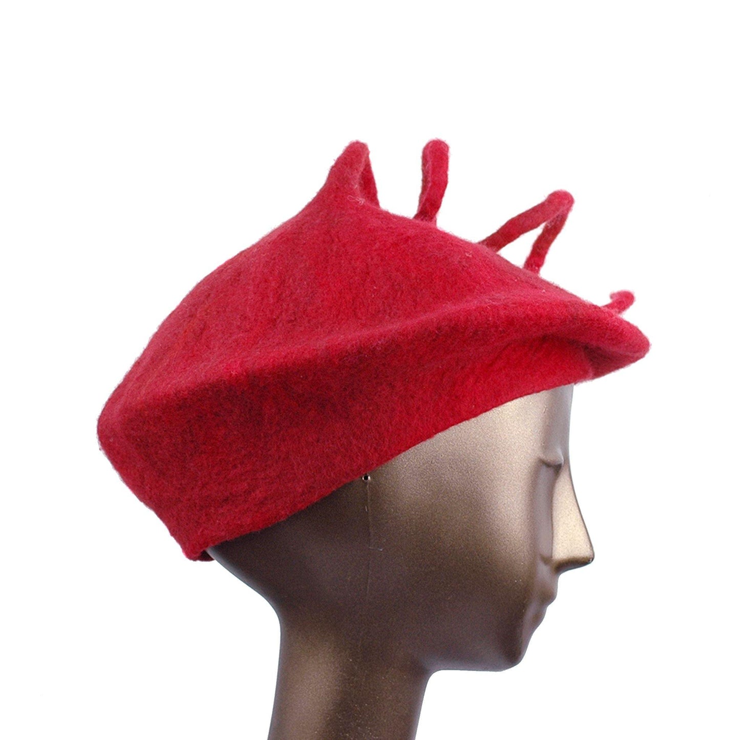 Felted Red Beret with Long Curlicue -side view
