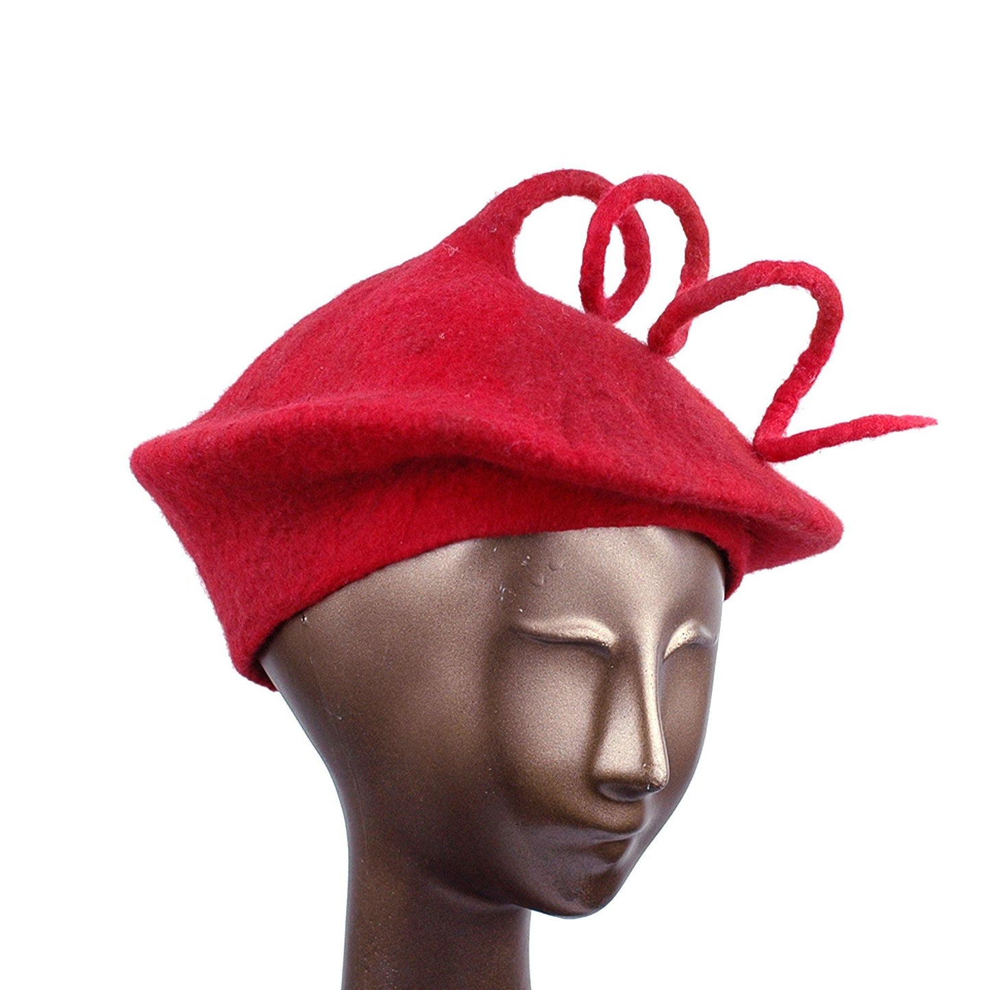 Felted Red Beret with Long Curlicue - three quarters view