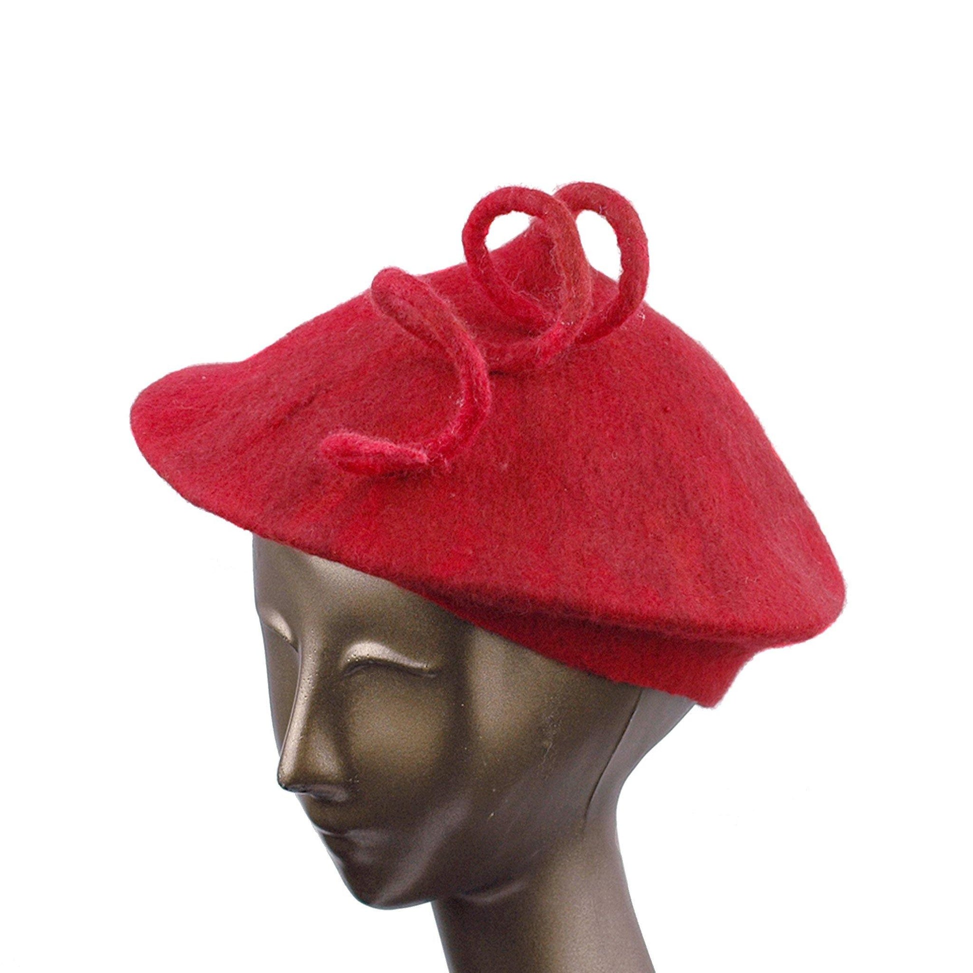 Felted Red Beret with Long Curlicue - three quarters view