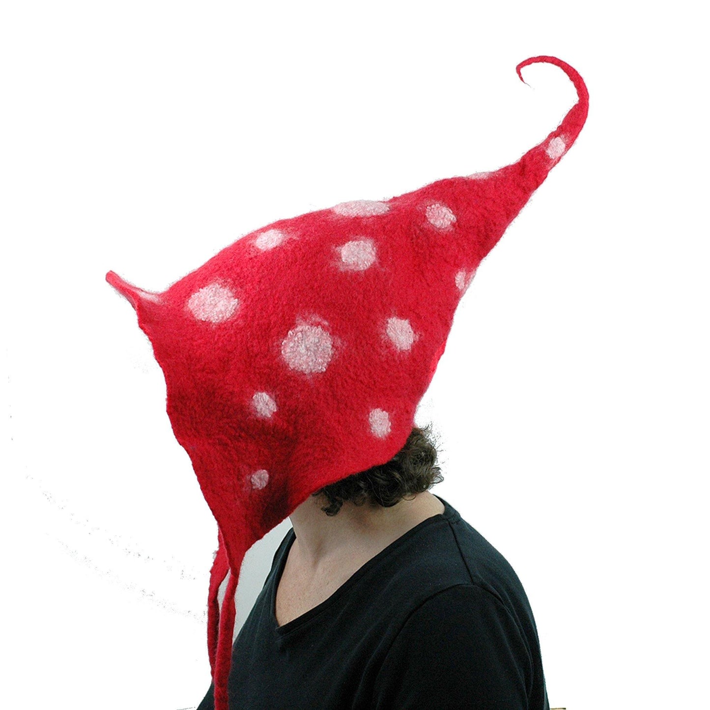 Felted Red Mushroom Pixie Hood - sideview