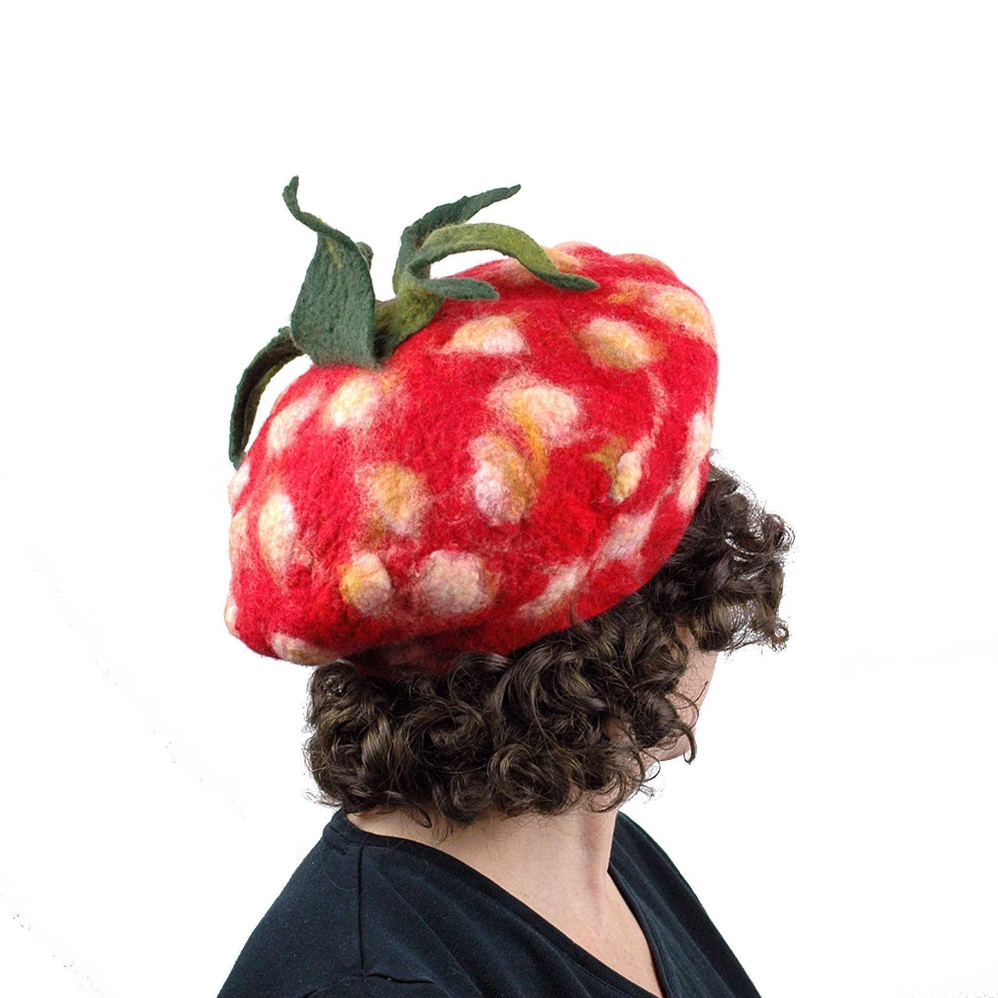 Felted Strawberry Beret with Leafy Stem - back view