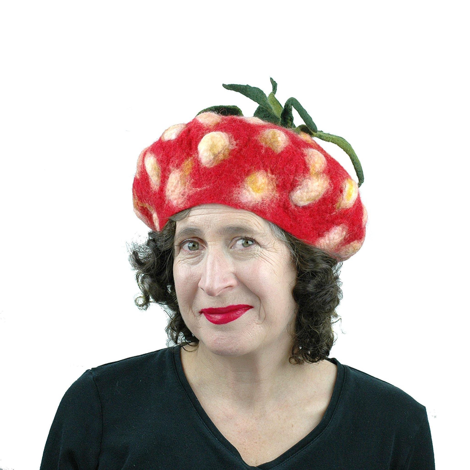 Felted Strawberry Beret with Leafy Stem - front view