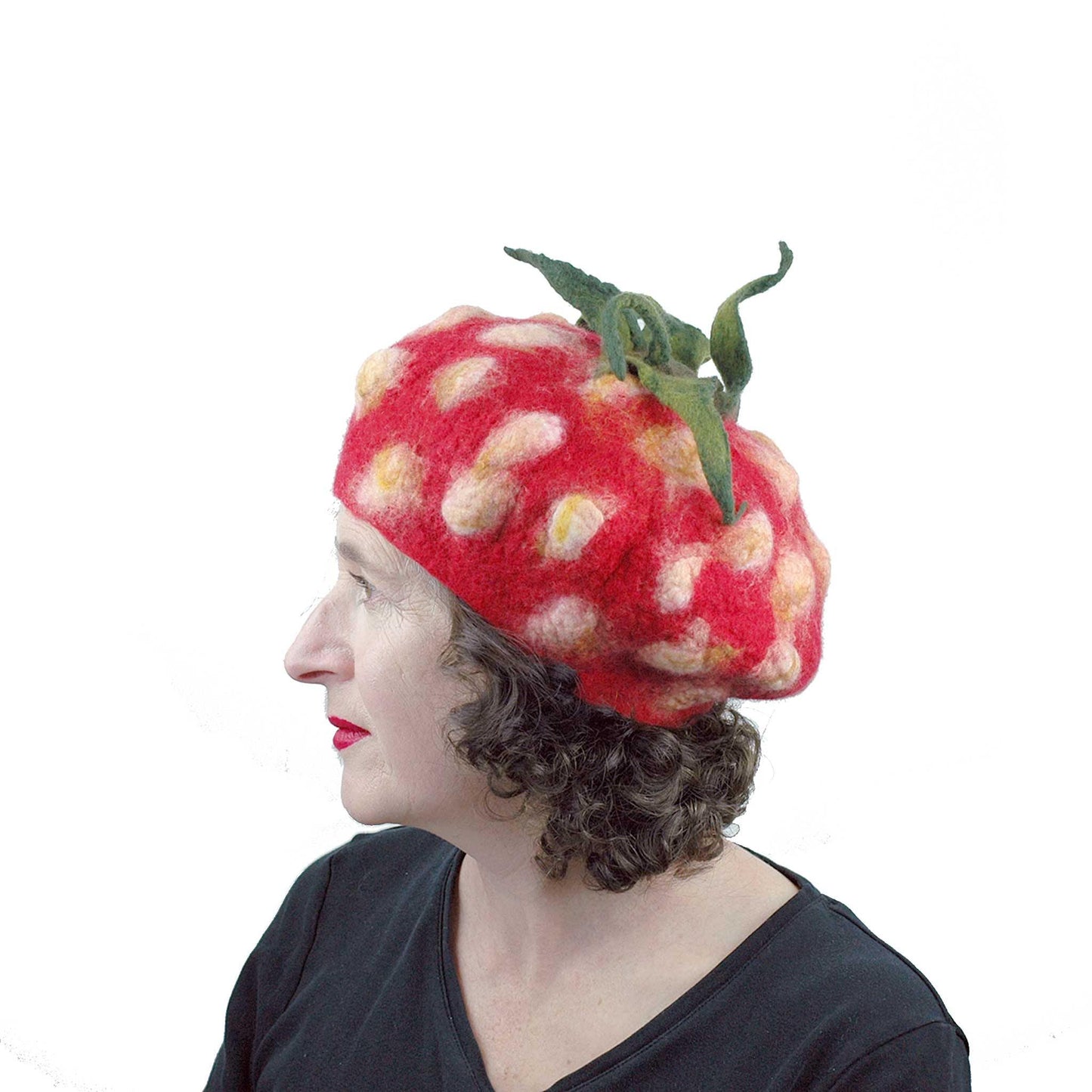 Felted Strawberry Beret with Leafy Stem - side view