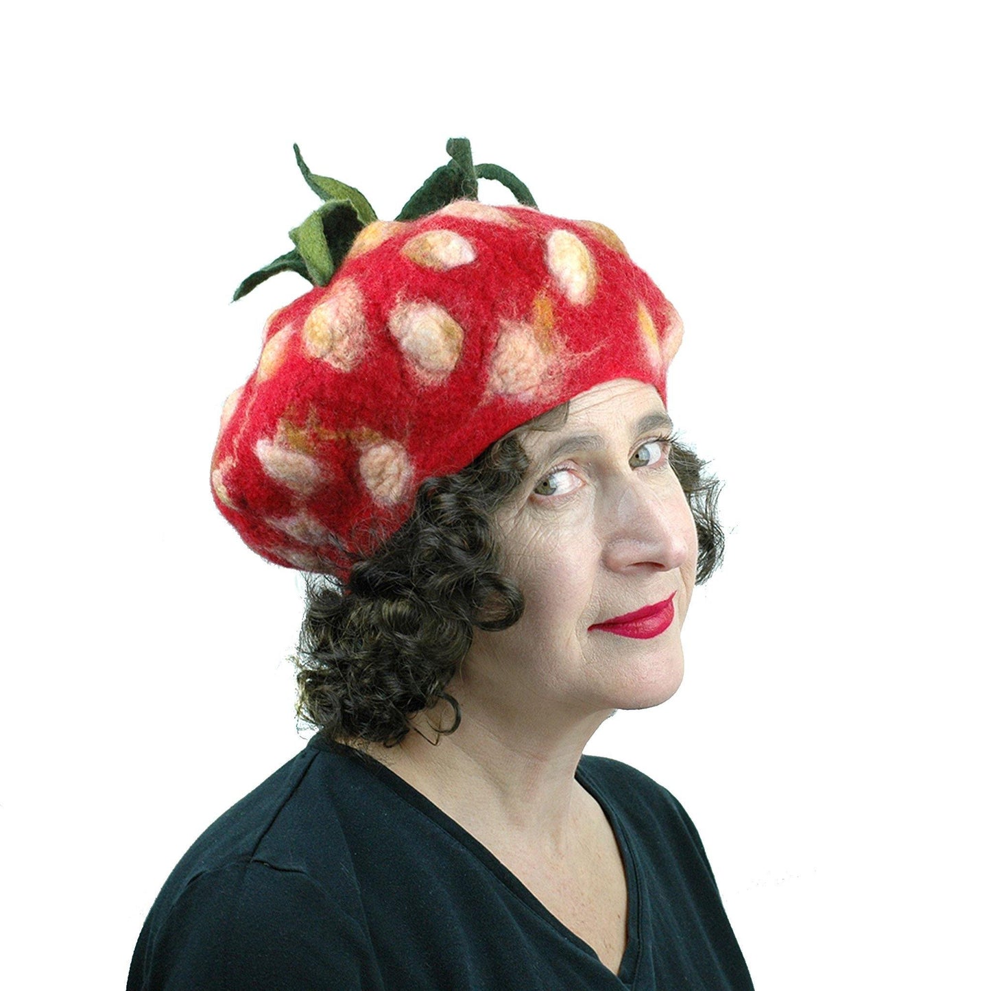 Felted Strawberry Beret with Leafy Stem - side view