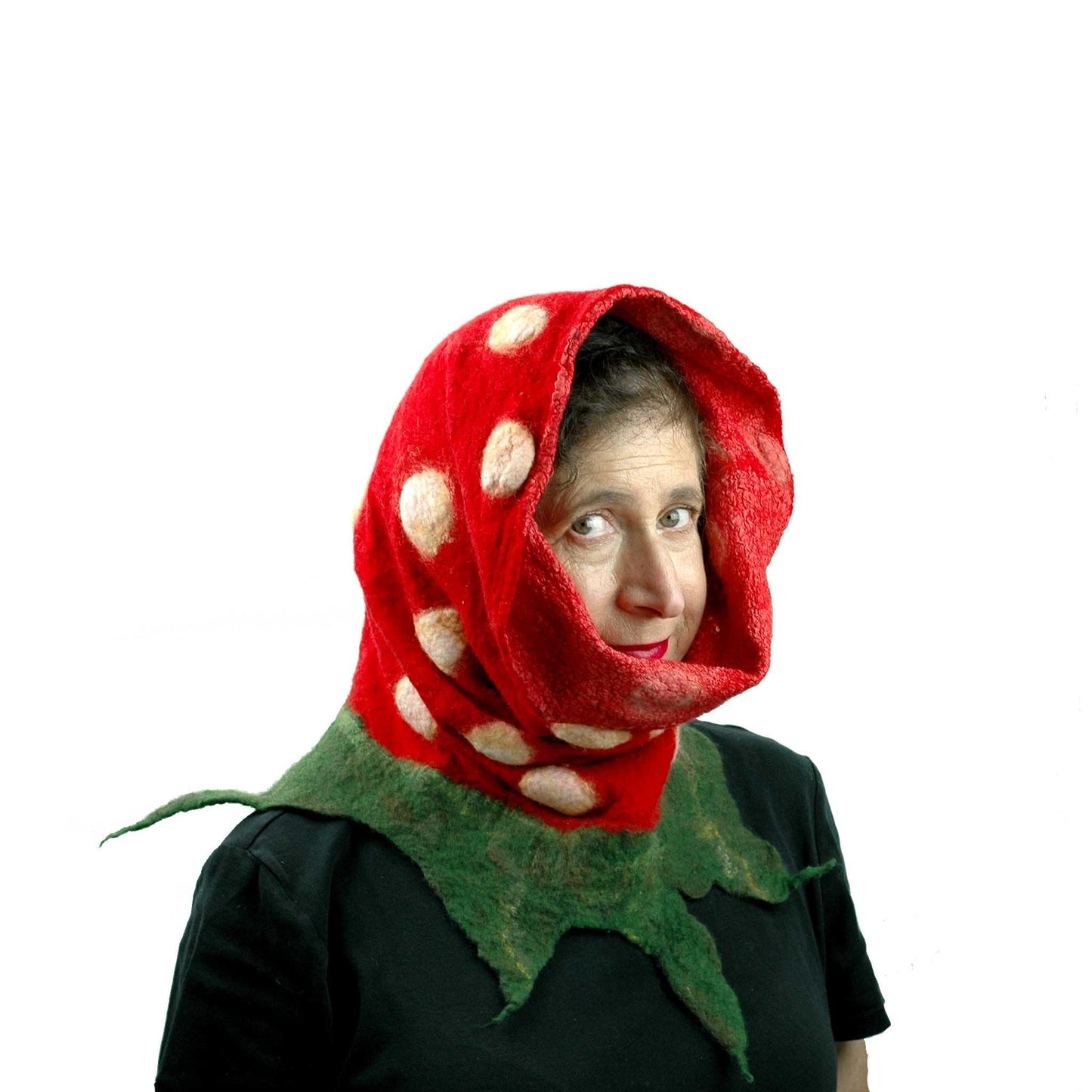 Felted Strawberry Cowl Infinity Scarf worn in the style of a Russian Babushka, over the head. 
