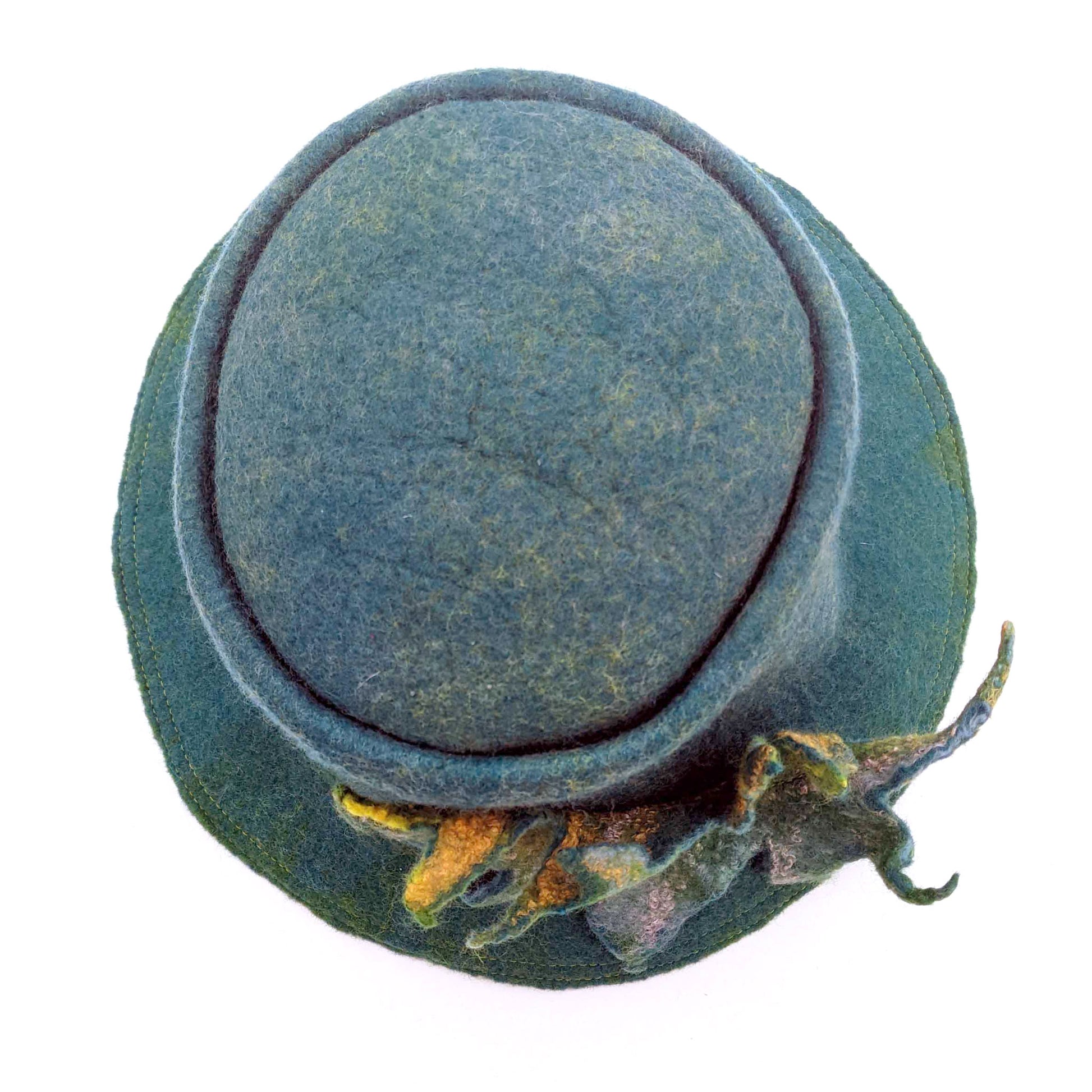 Felted Telescope Bucket Hat in Blue-Green - topview
