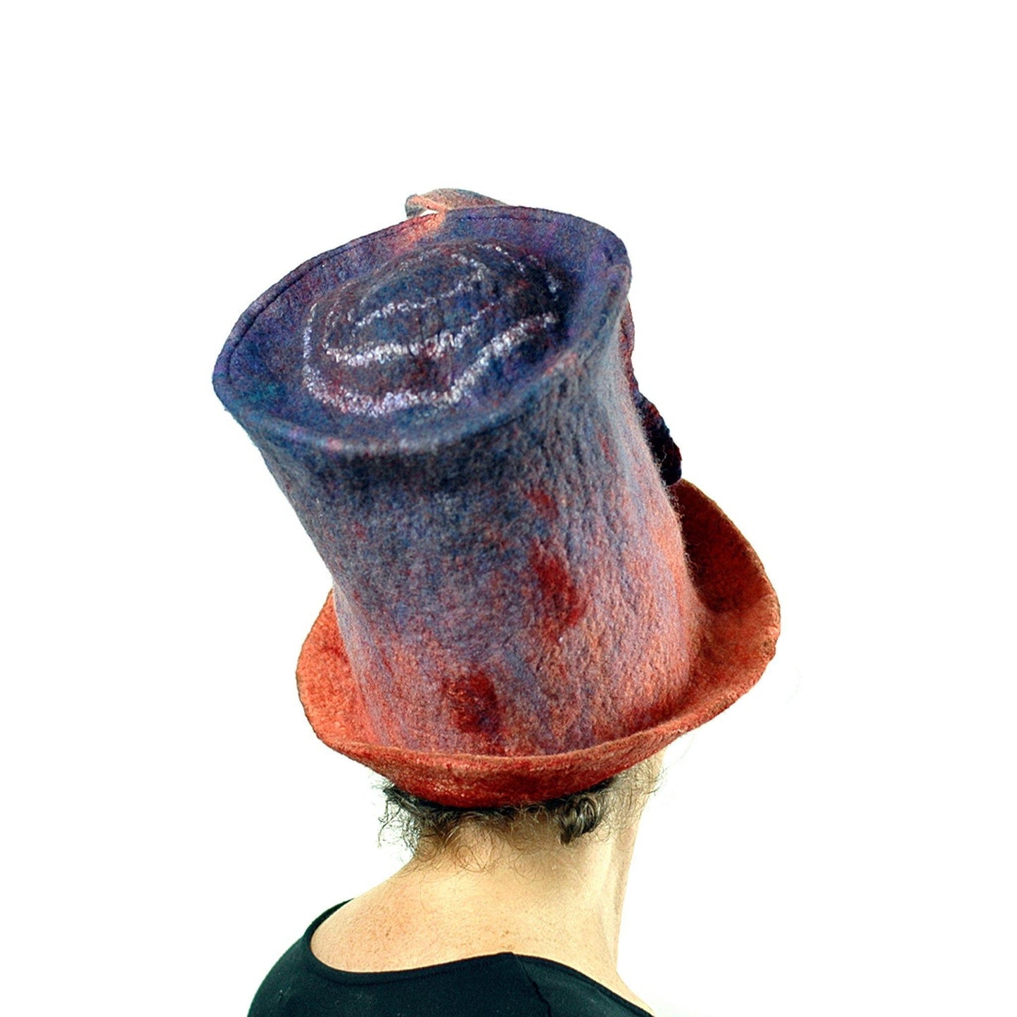 Purple and Orange Felted Top Hat Inspired by Monet Painting - back view