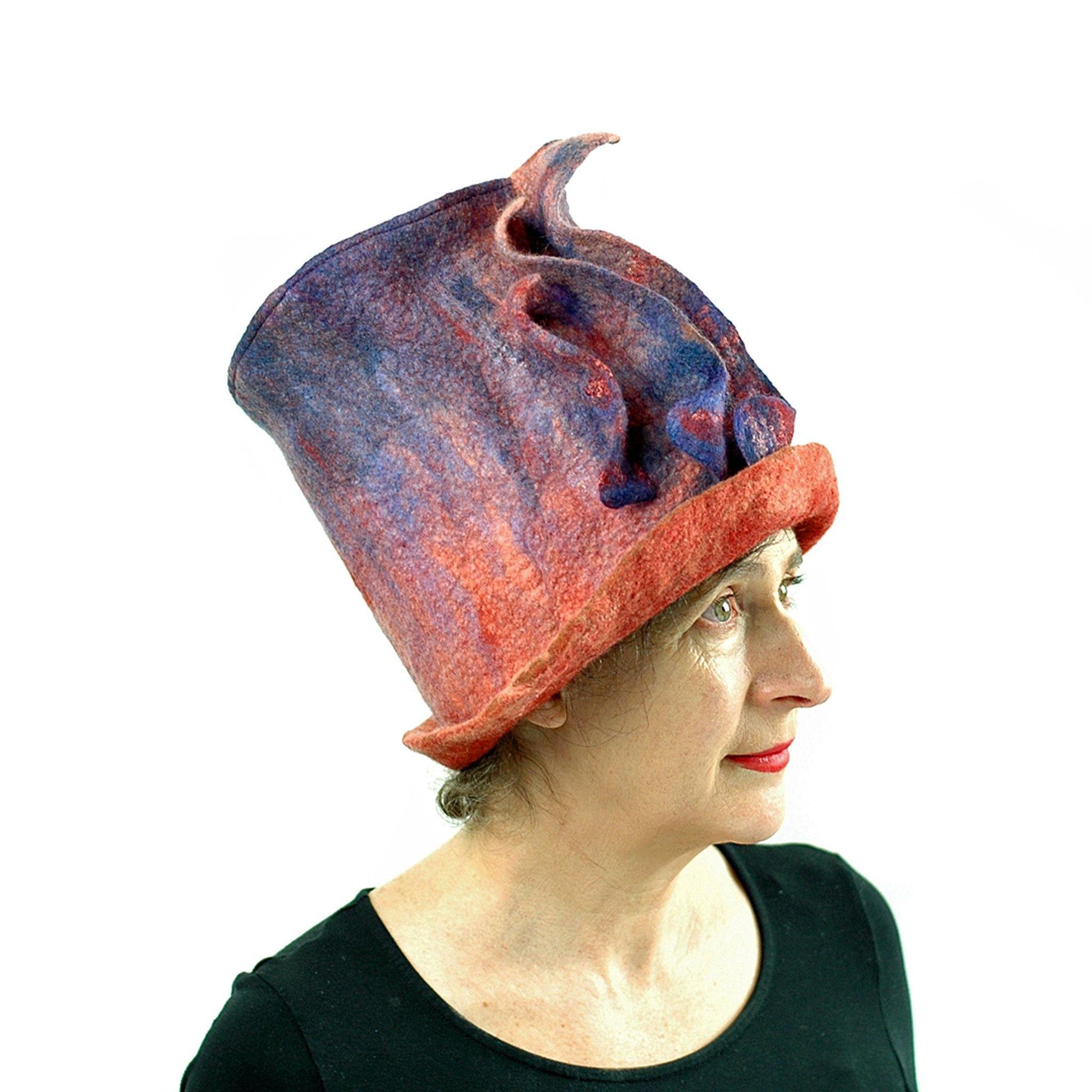 Purple and Orange Felted Top Hat Inspired by Monet Painting - side view